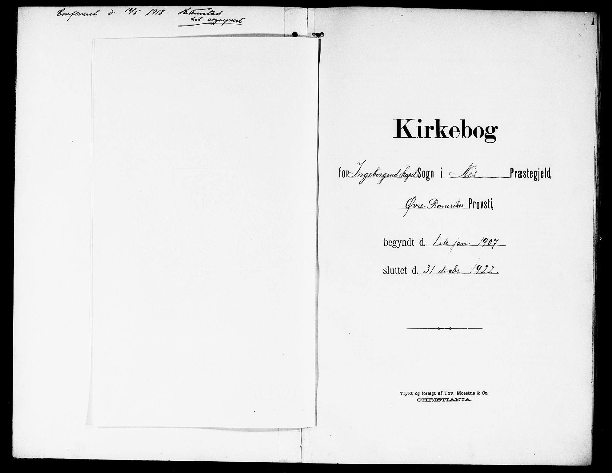 Nes prestekontor Kirkebøker, AV/SAO-A-10410/G/Gd/L0001: Parish register (copy) no. IV 1, 1907-1922, p. 1