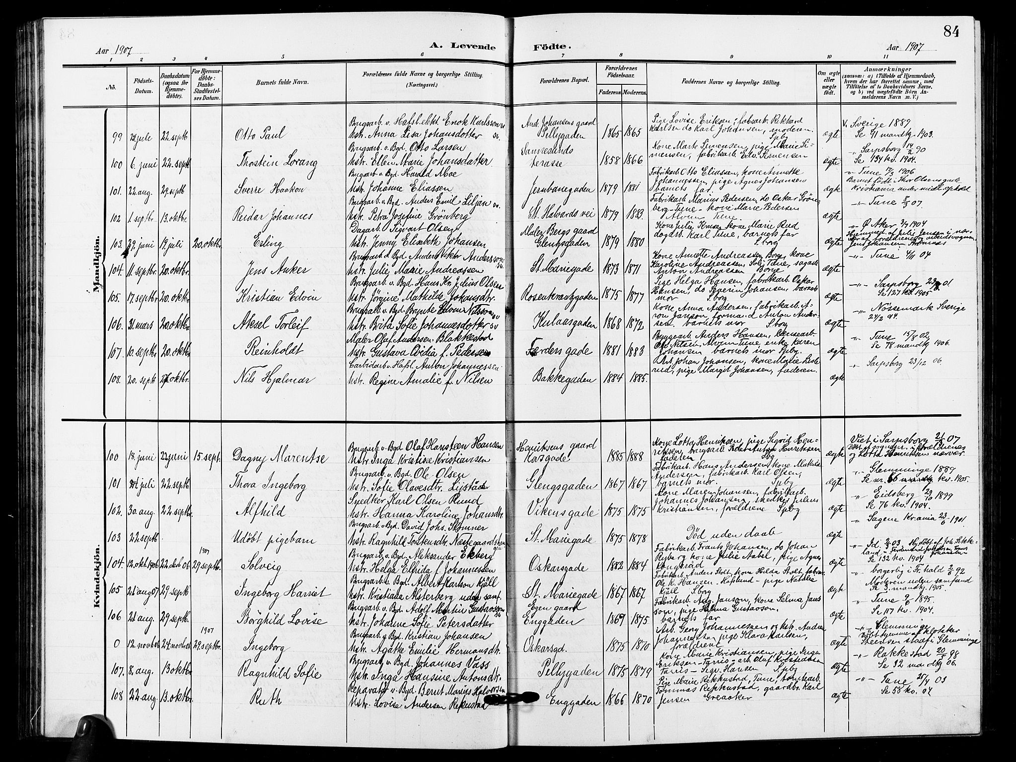 Sarpsborg prestekontor Kirkebøker, AV/SAO-A-2006/G/Ga/L0001: Parish register (copy) no. 1, 1902-1911, p. 84