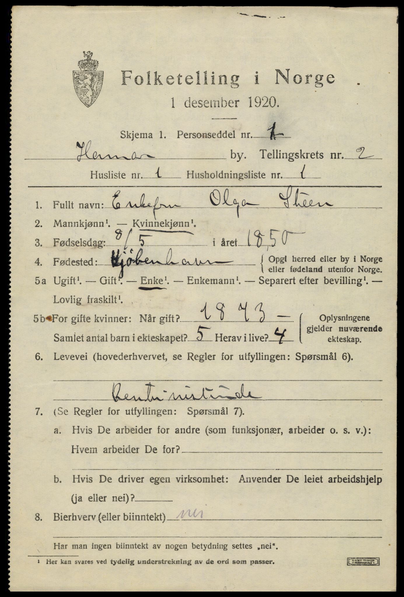 SAH, 1920 census for Hamar, 1920, p. 5757