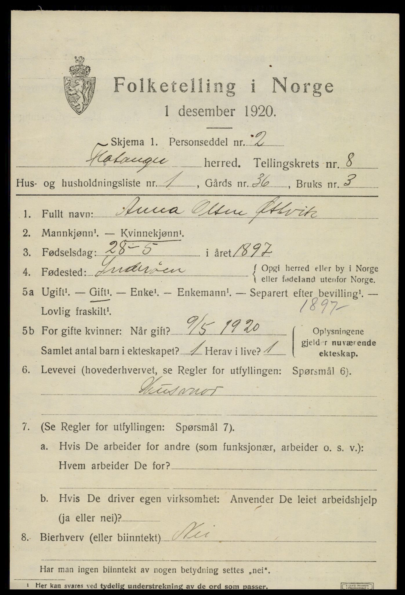 SAT, 1920 census for Flatanger, 1920, p. 3662