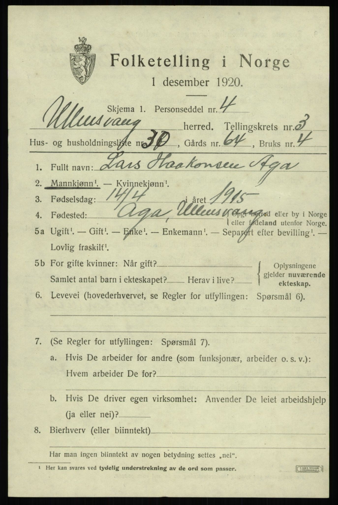 SAB, 1920 census for Ullensvang, 1920, p. 1994