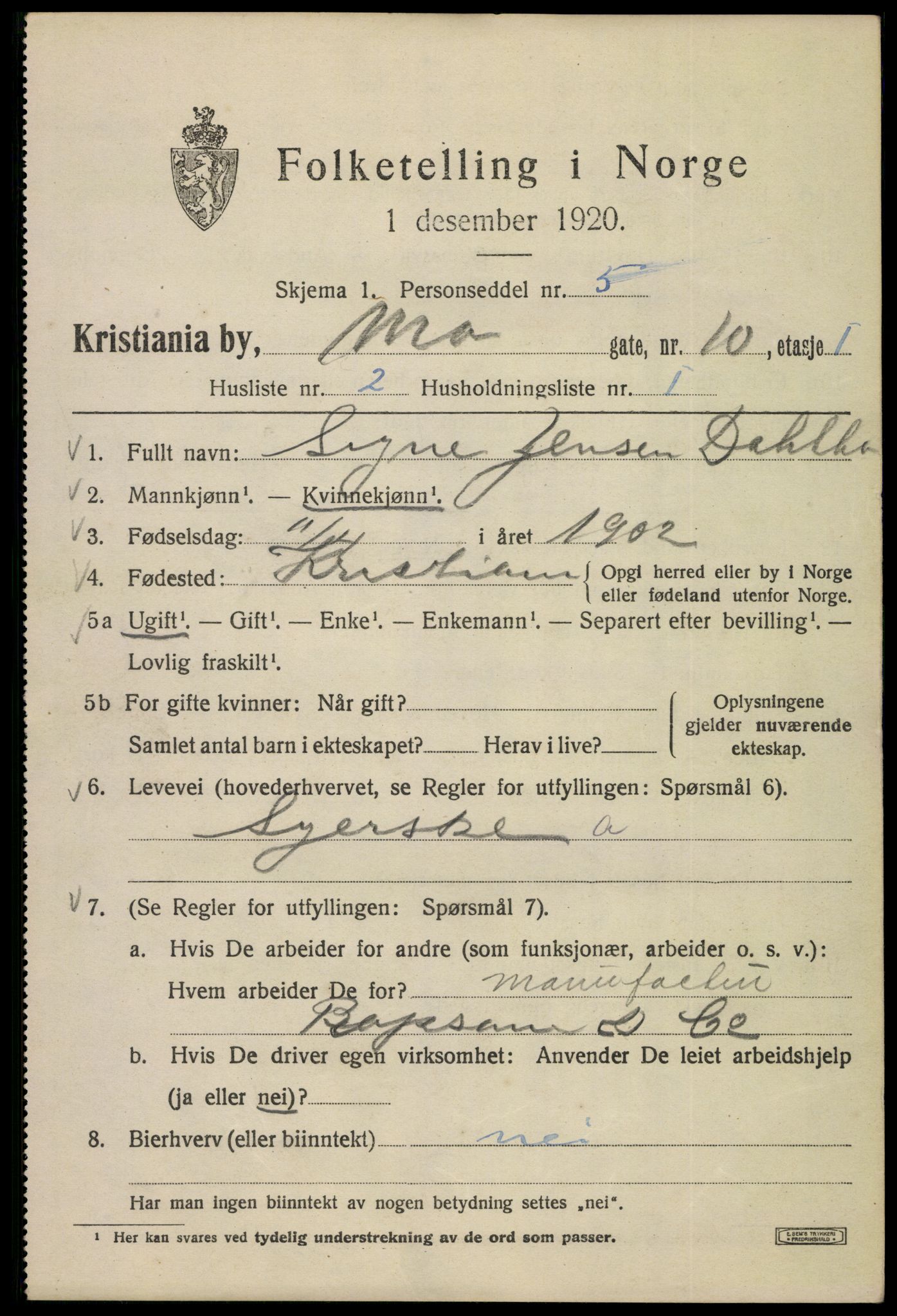 SAO, 1920 census for Kristiania, 1920, p. 395431