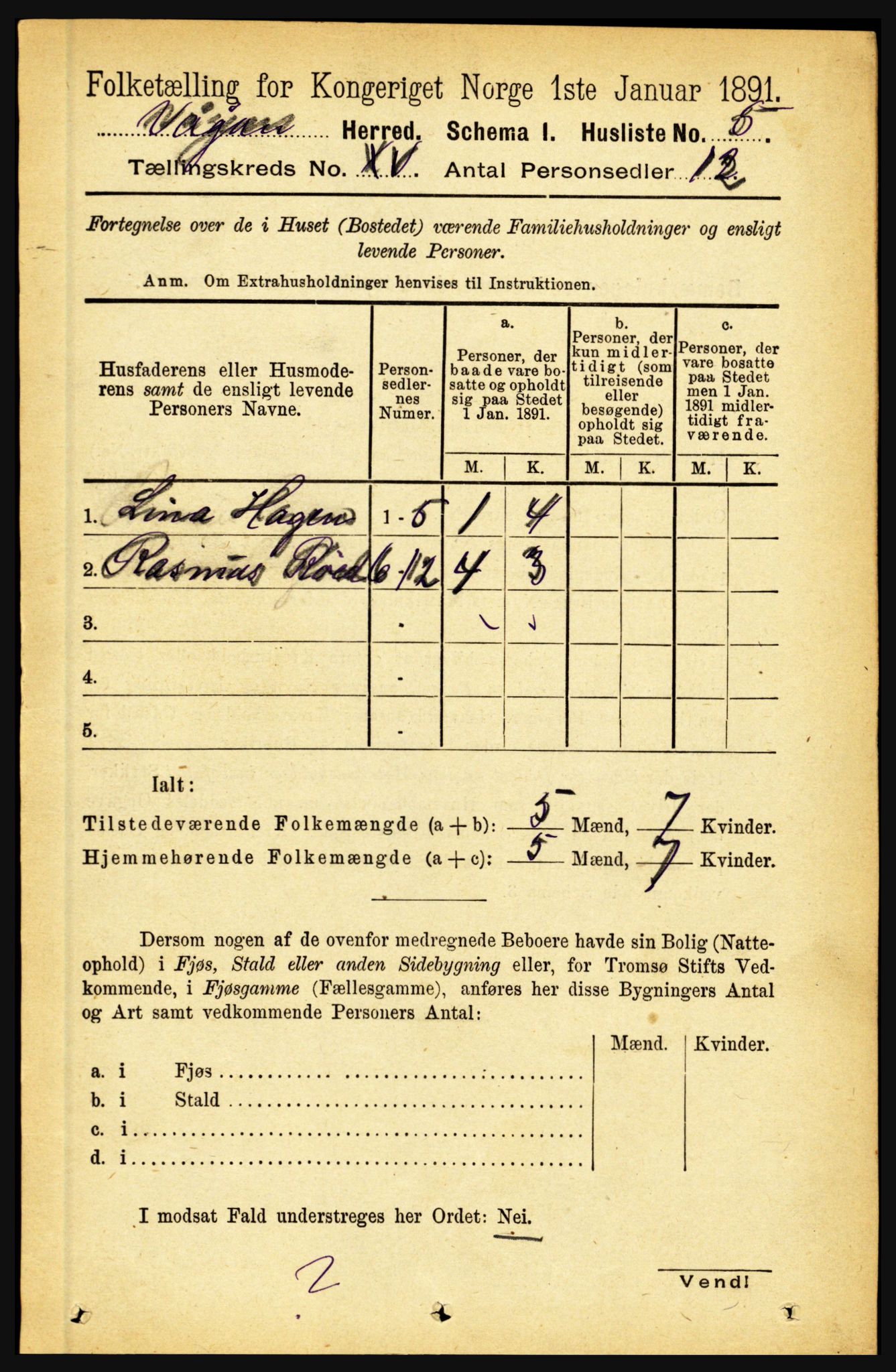 RA, 1891 census for 1865 Vågan, 1891, p. 4030