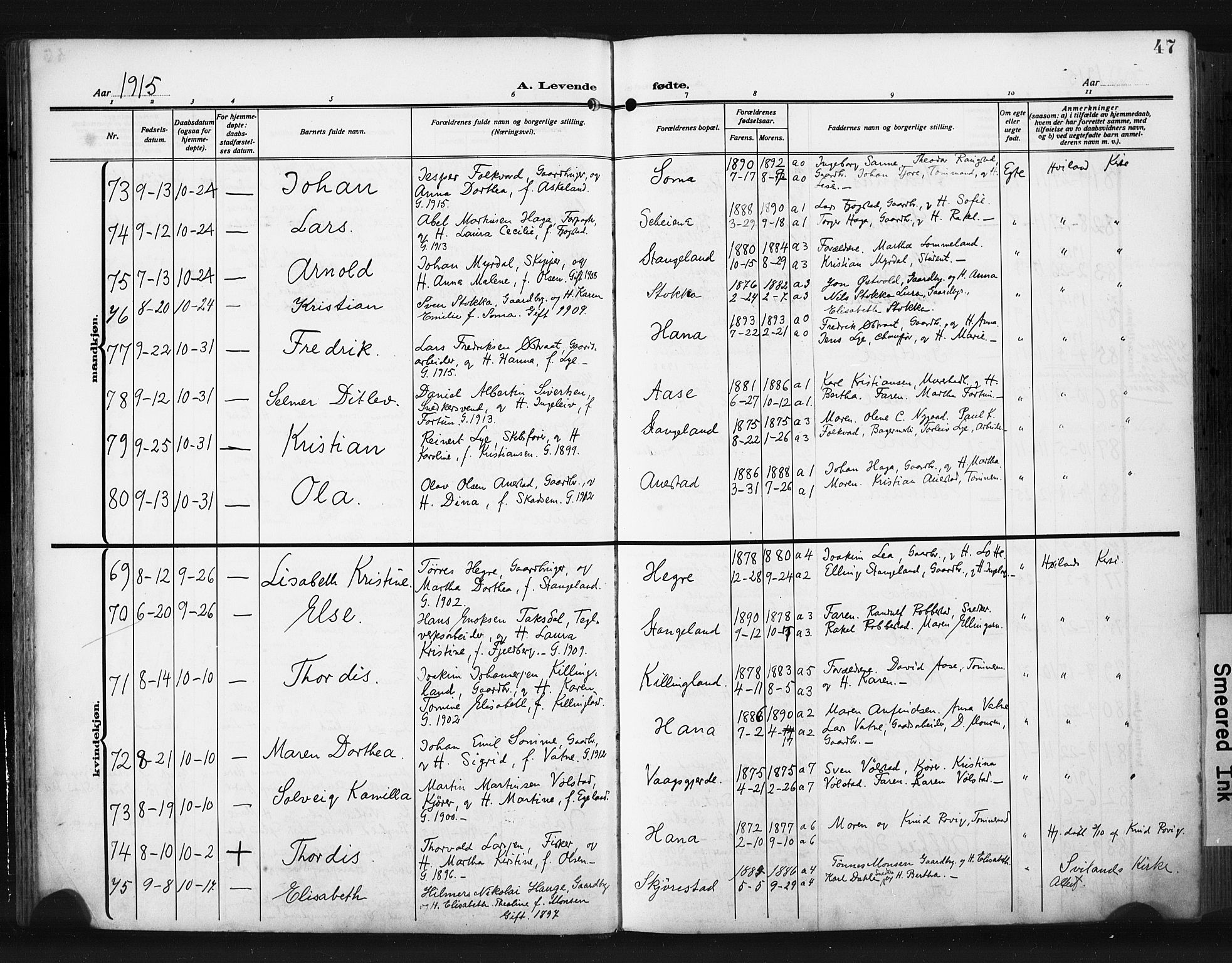 Høyland sokneprestkontor, AV/SAST-A-101799/001/30BA/L0017: Parish register (official) no. A 15, 1912-1924, p. 47