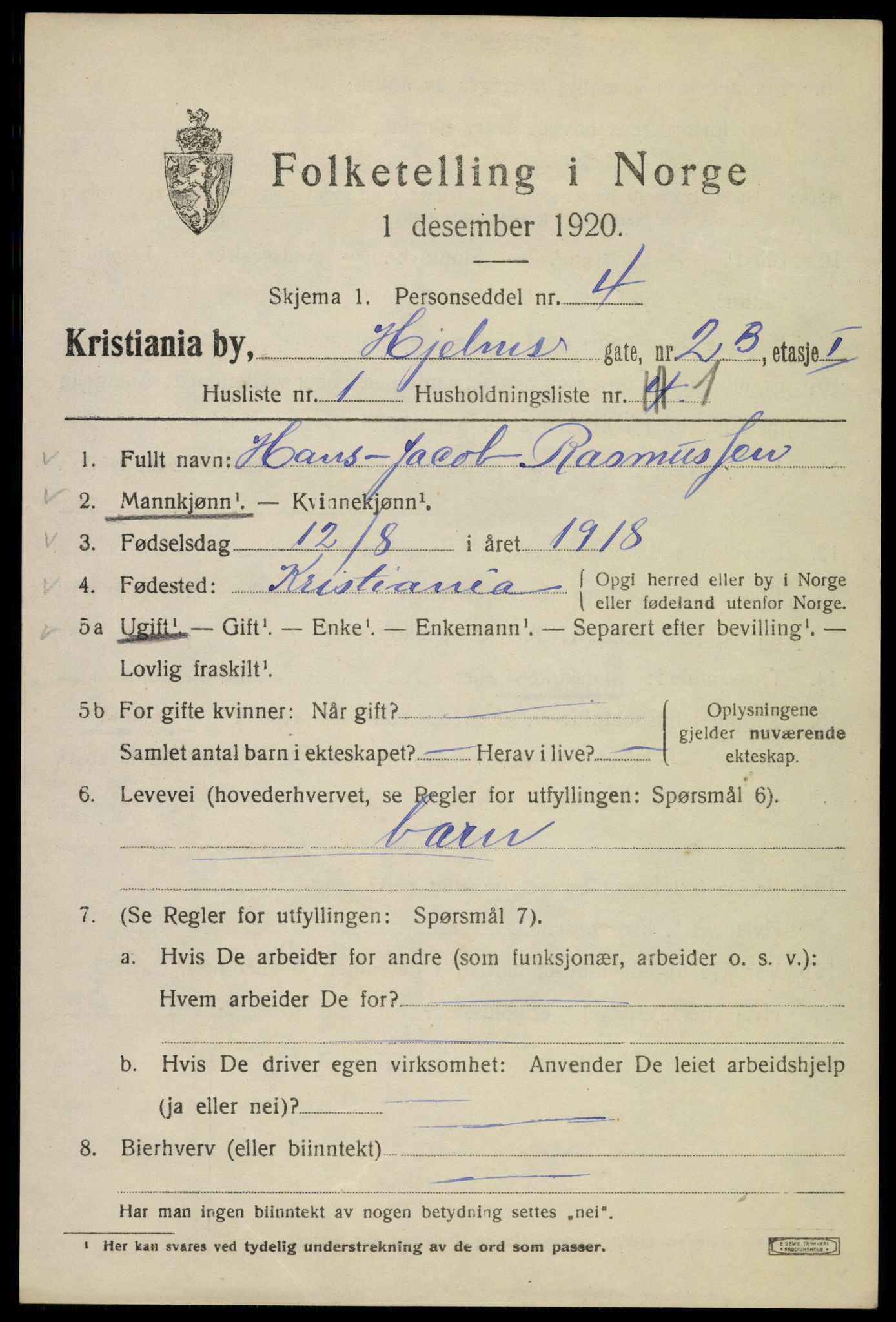 SAO, 1920 census for Kristiania, 1920, p. 294033