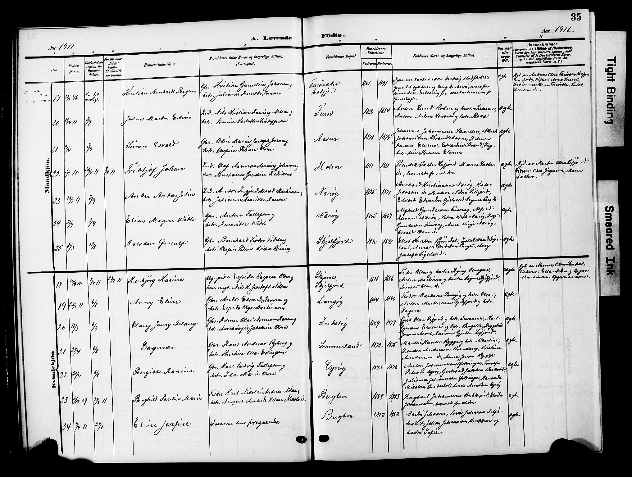 Ministerialprotokoller, klokkerbøker og fødselsregistre - Nordland, AV/SAT-A-1459/893/L1350: Parish register (copy) no. 893C05, 1906-1927, p. 35