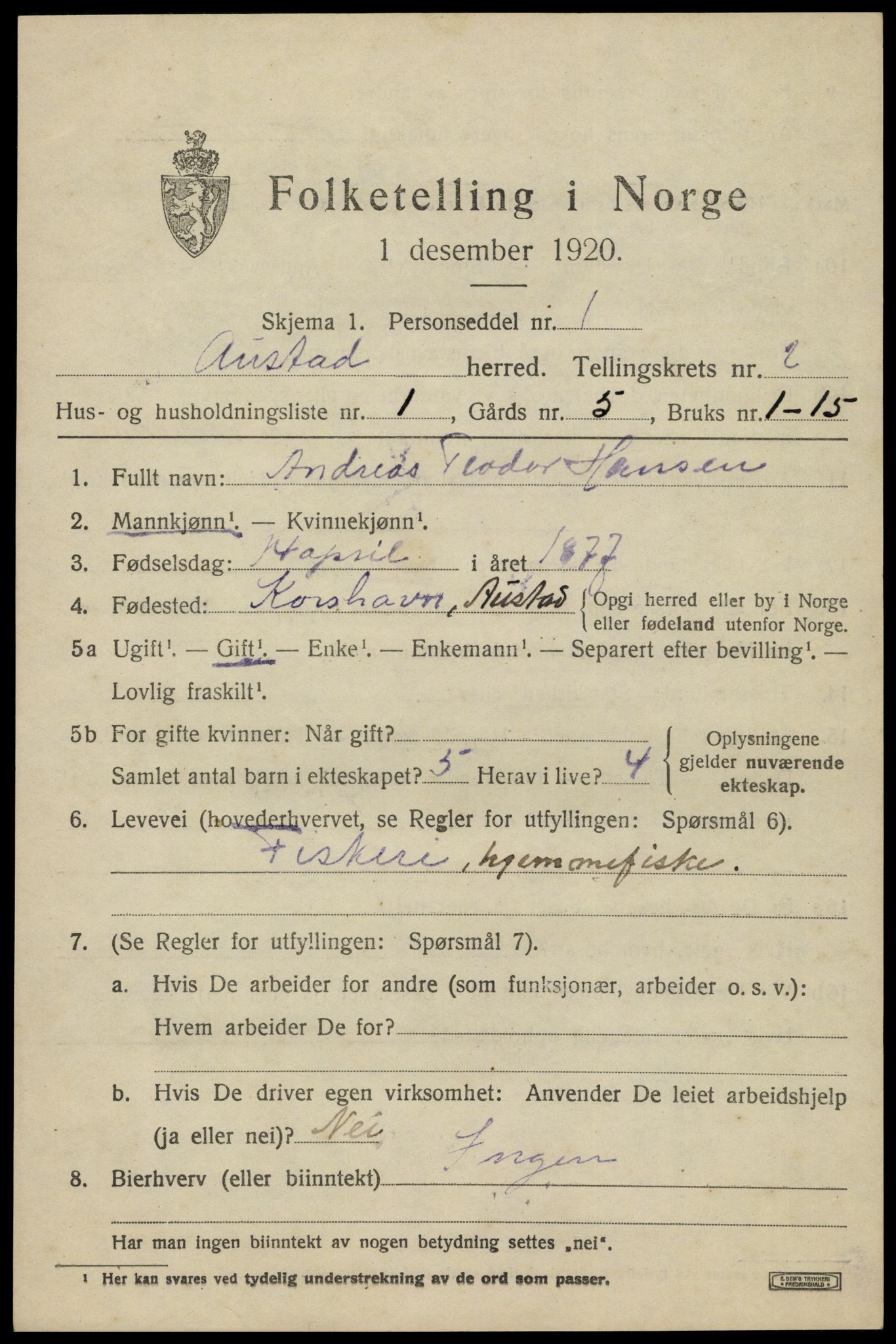 SAK, 1920 census for Austad, 1920, p. 727