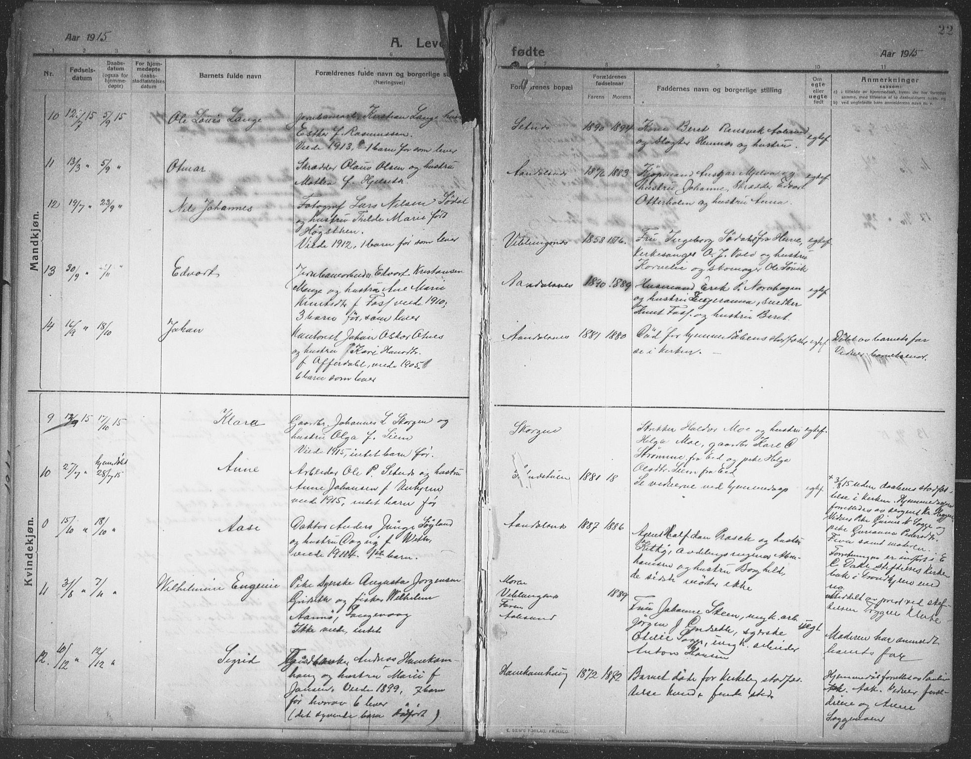 Ministerialprotokoller, klokkerbøker og fødselsregistre - Møre og Romsdal, AV/SAT-A-1454/544/L0581: Parish register (copy) no. 544C03, 1910-1937, p. 22