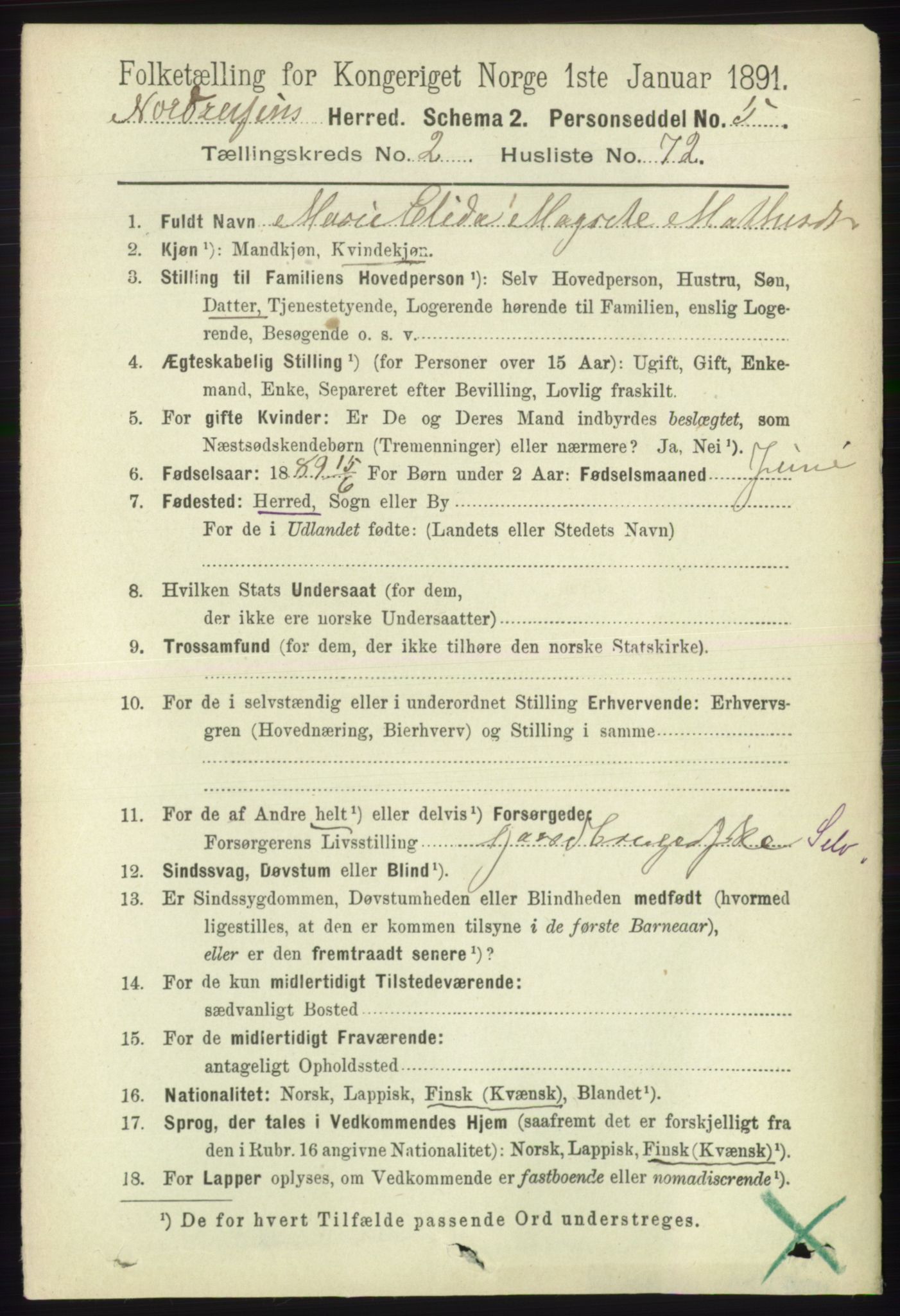 RA, 1891 census for 1942 Nordreisa, 1891, p. 1299