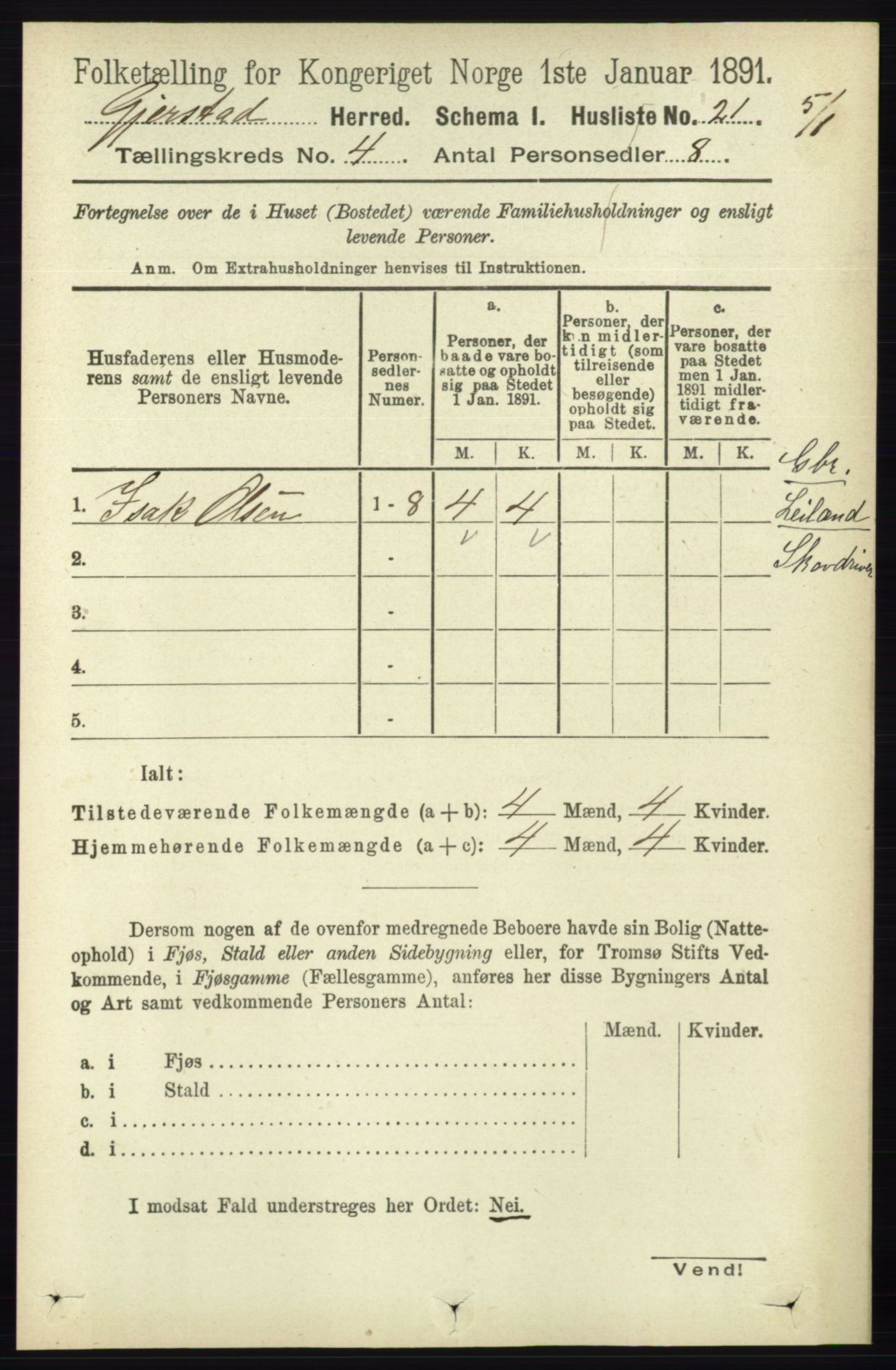 RA, 1891 census for 0911 Gjerstad, 1891, p. 1458