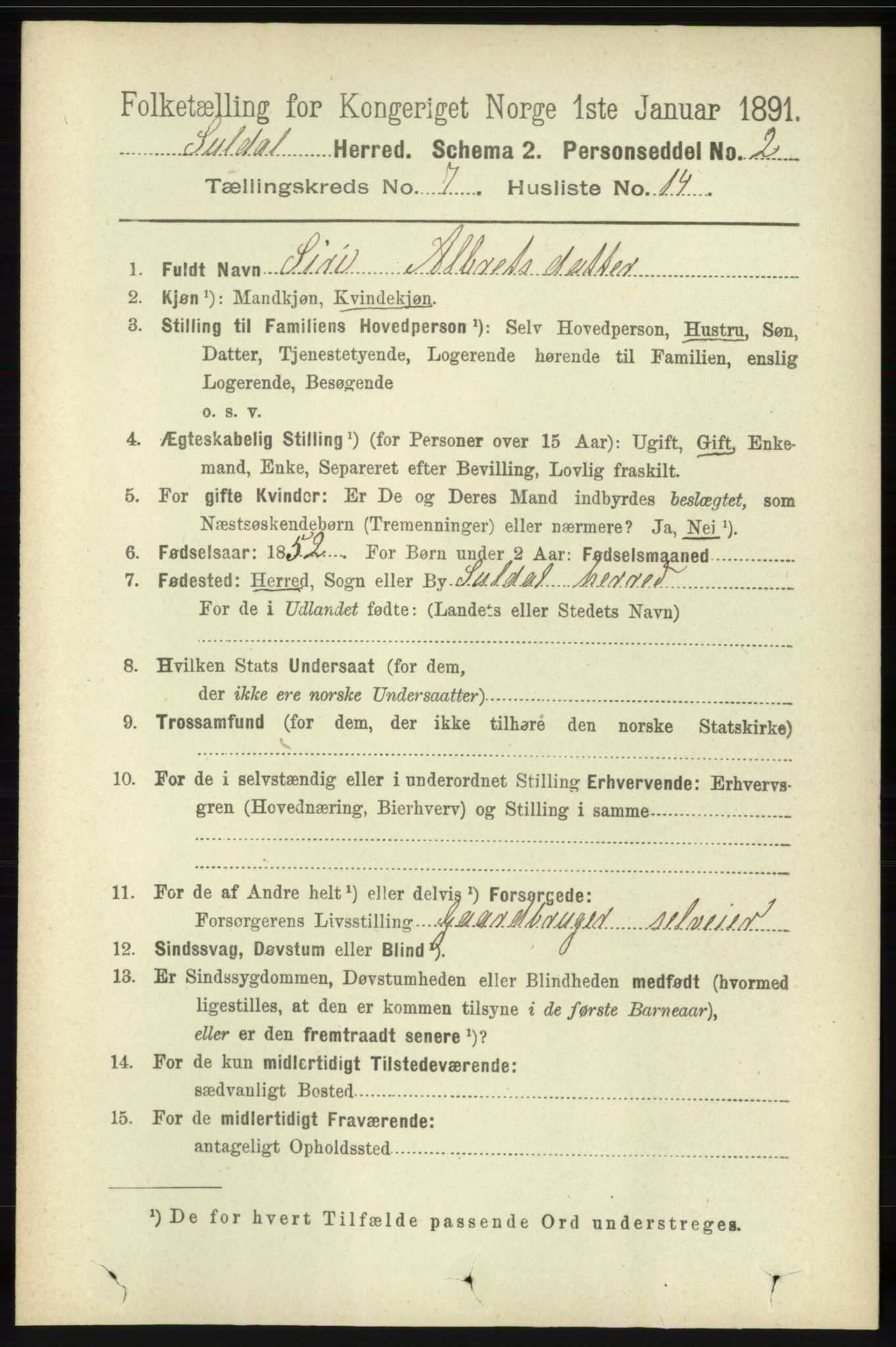RA, 1891 census for 1134 Suldal, 1891, p. 2071