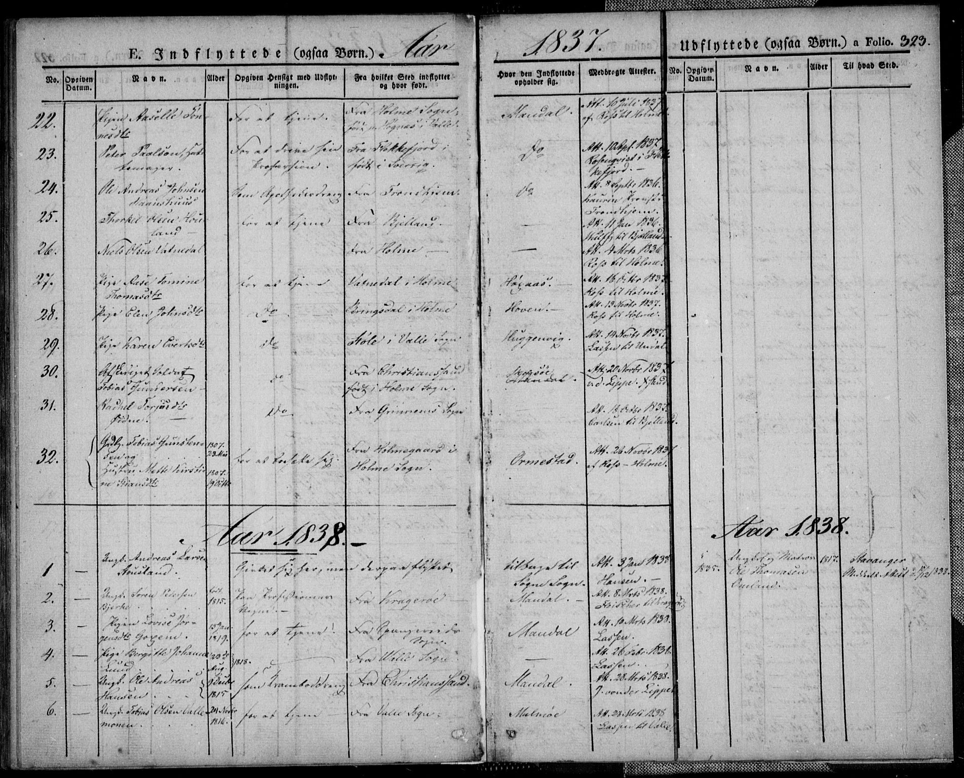 Mandal sokneprestkontor, SAK/1111-0030/F/Fa/Faa/L0011: Parish register (official) no. A 11, 1830-1839, p. 323