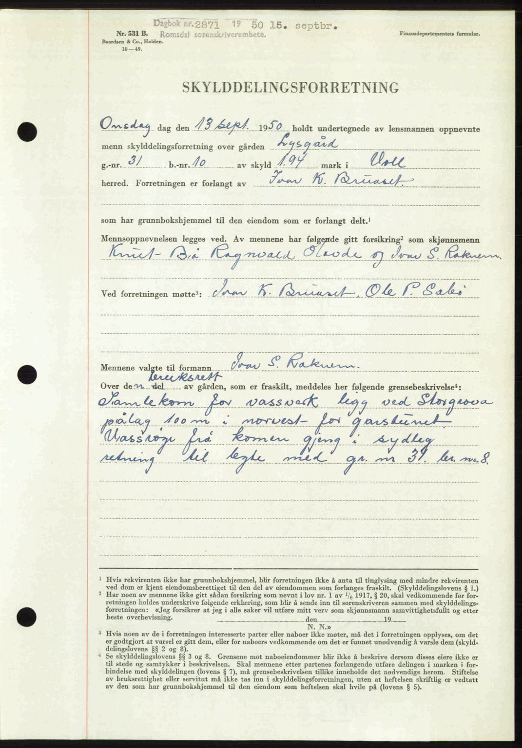 Romsdal sorenskriveri, AV/SAT-A-4149/1/2/2C: Mortgage book no. A34, 1950-1950, Diary no: : 2871/1950