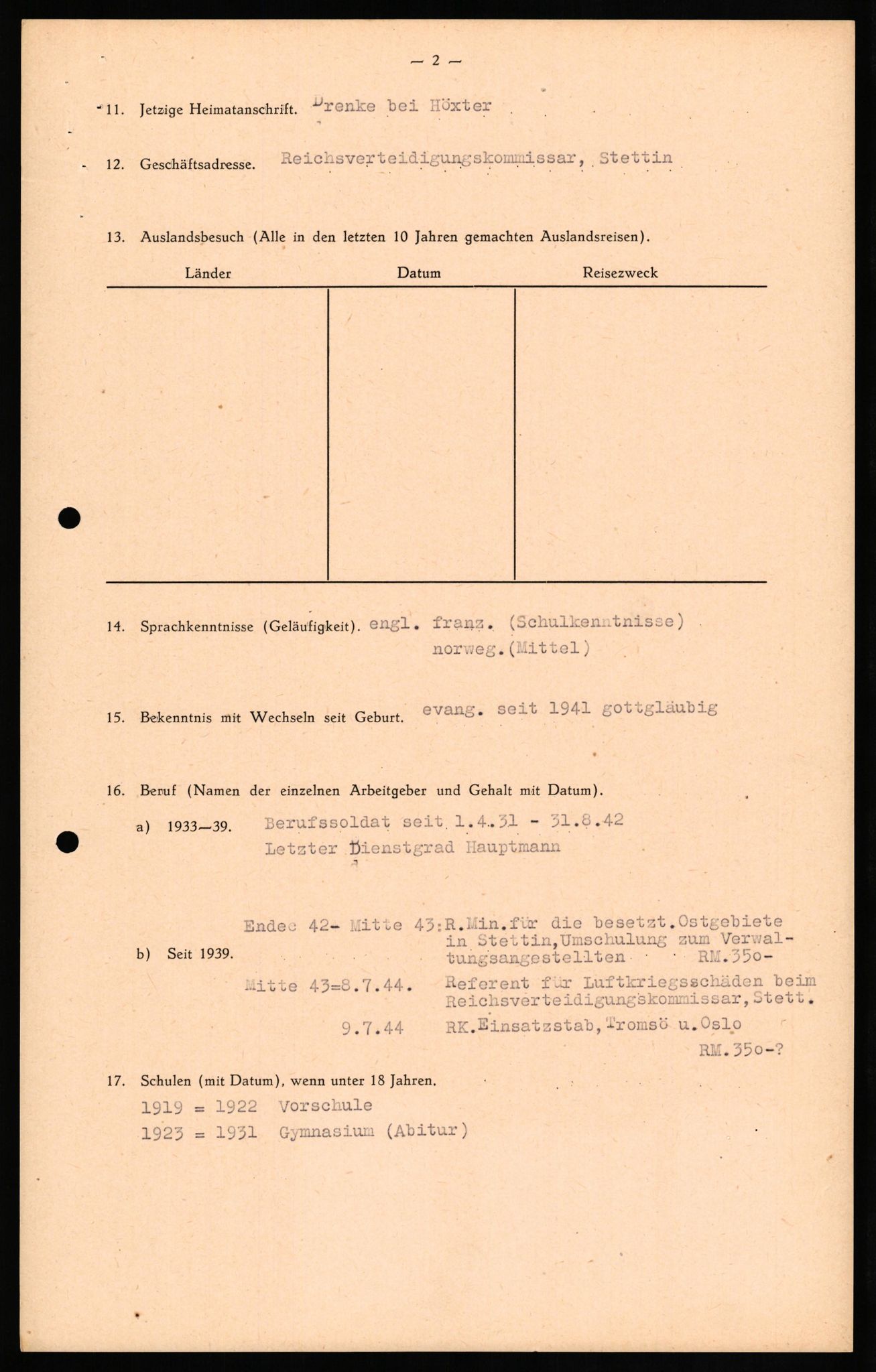 Forsvaret, Forsvarets overkommando II, AV/RA-RAFA-3915/D/Db/L0021: CI Questionaires. Tyske okkupasjonsstyrker i Norge. Tyskere., 1945-1946, p. 199