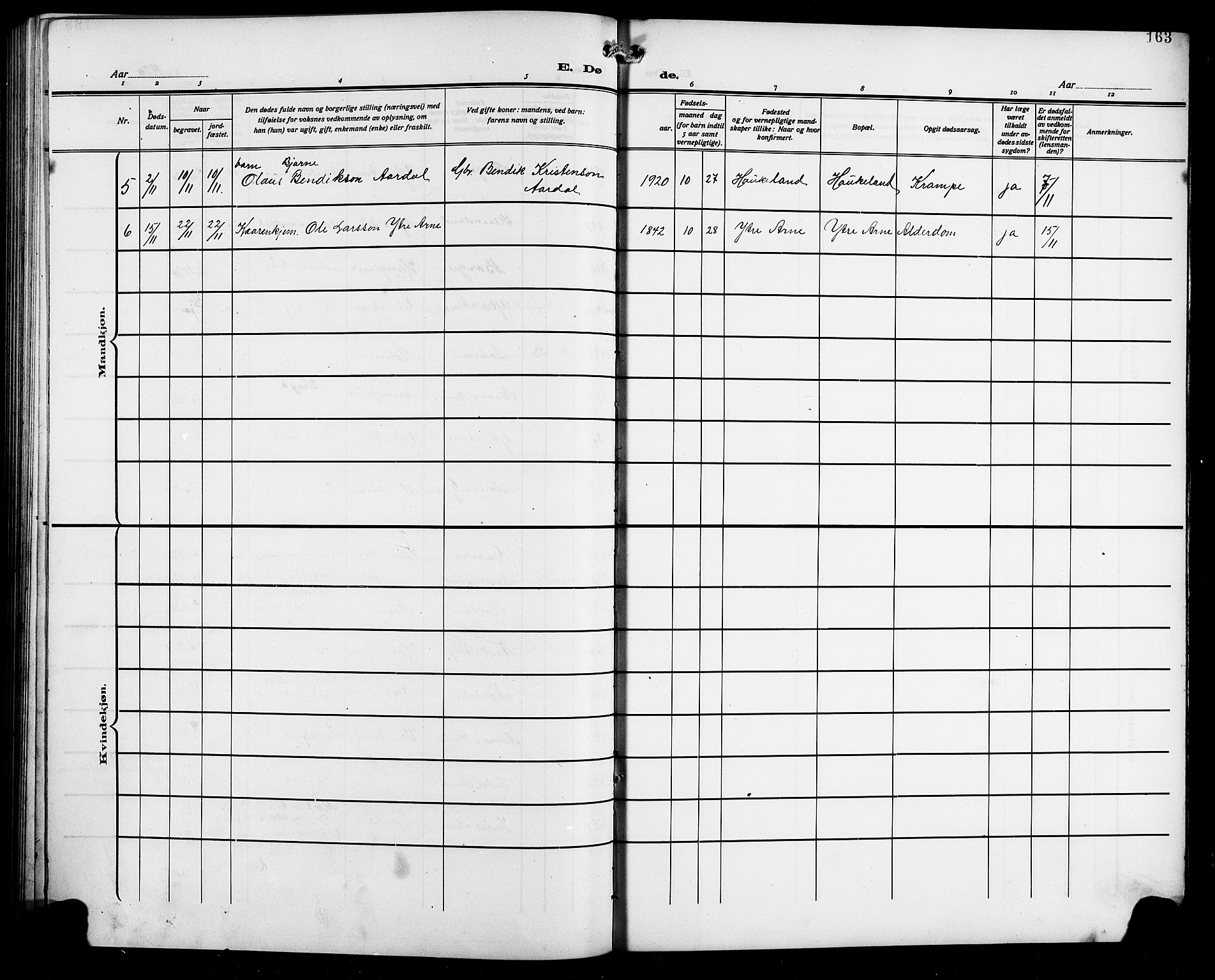 Arna Sokneprestembete, SAB/A-74001/H/Ha/Hab: Parish register (copy) no. A 5, 1911-1921, p. 163