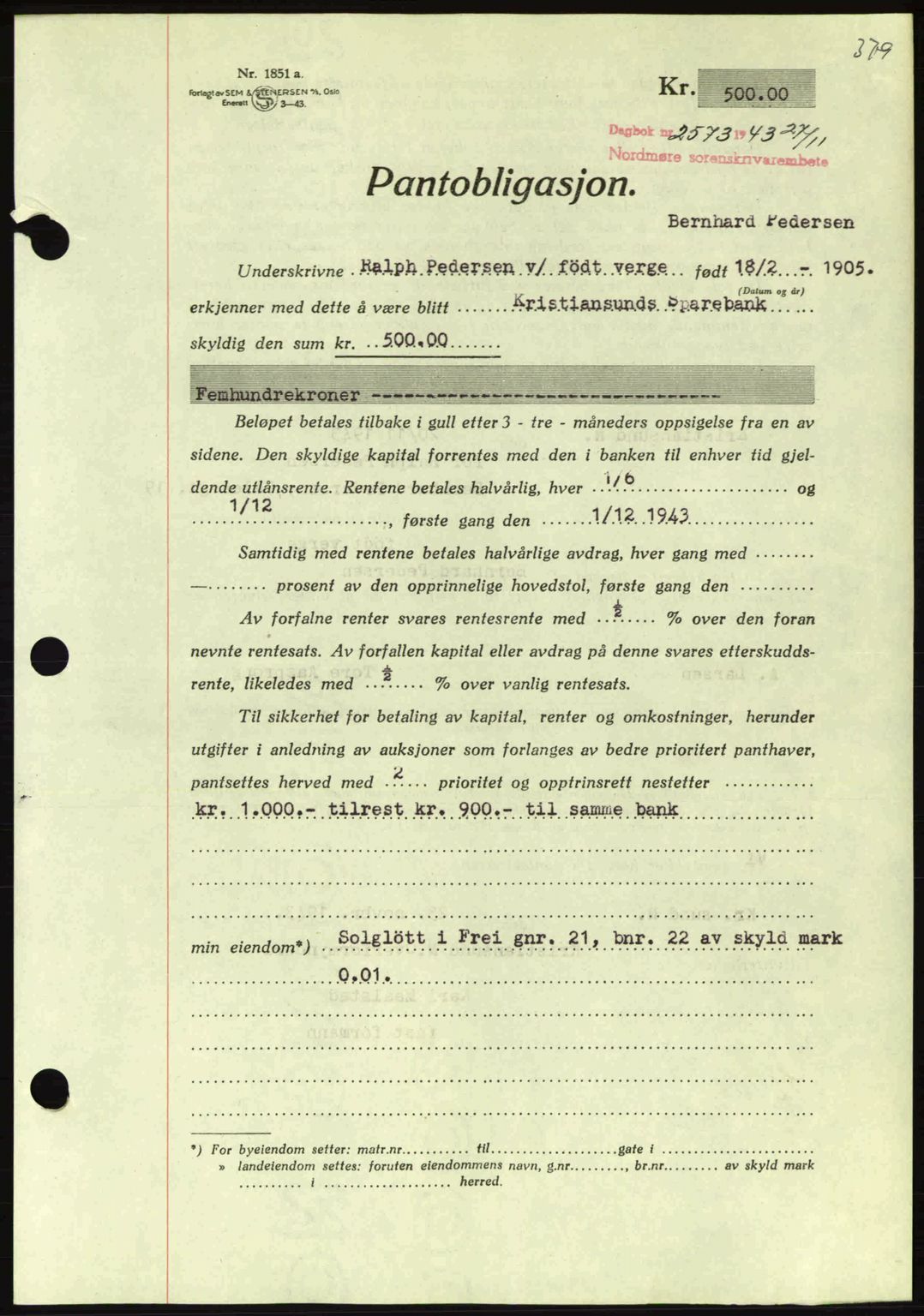 Nordmøre sorenskriveri, AV/SAT-A-4132/1/2/2Ca: Mortgage book no. B91, 1943-1944, Diary no: : 2573/1943