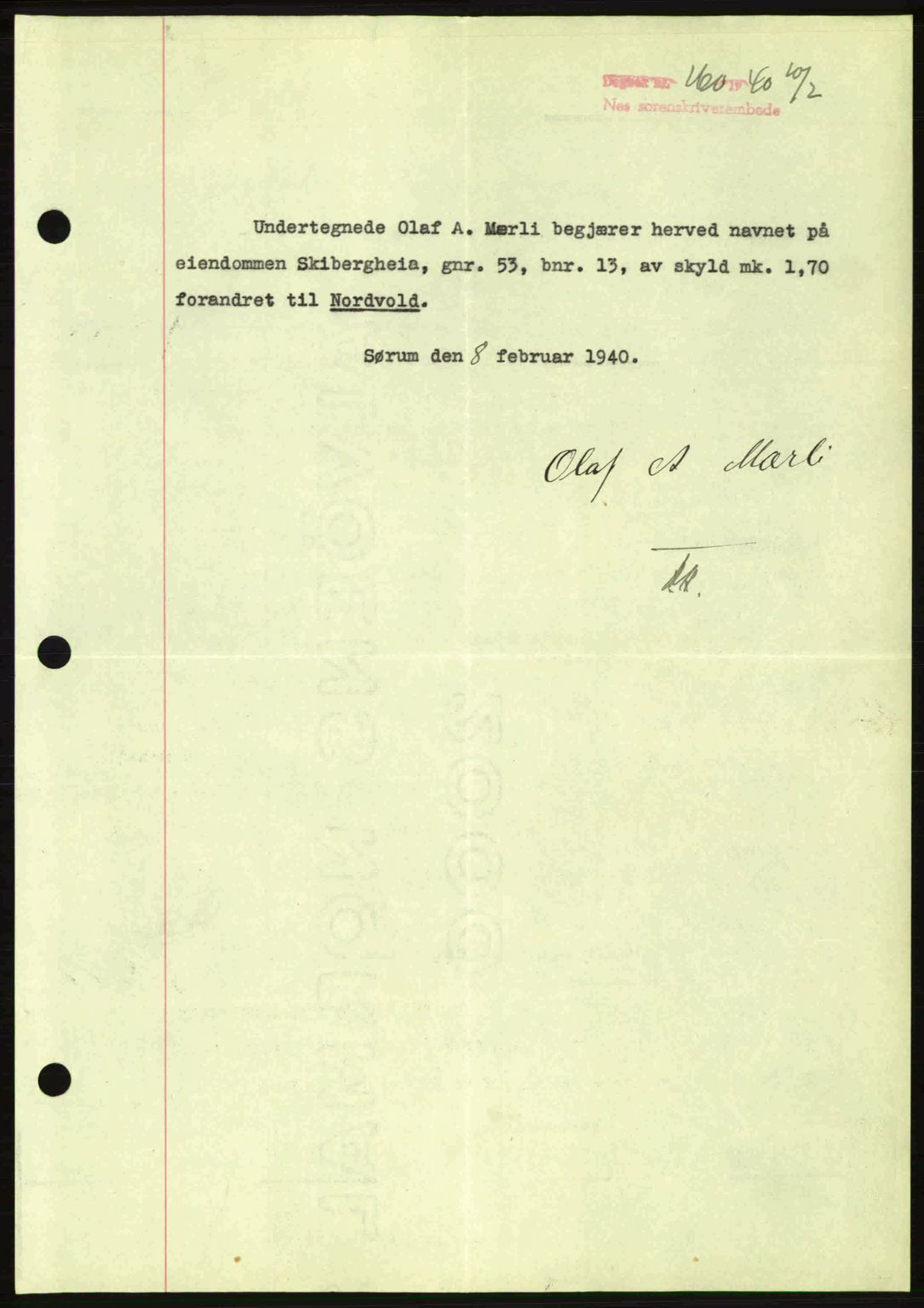 Nes tingrett, SAO/A-10548/G/Gb/Gbb/L0010: Mortgage book no. 54, 1939-1940, Diary no: : 160/1940