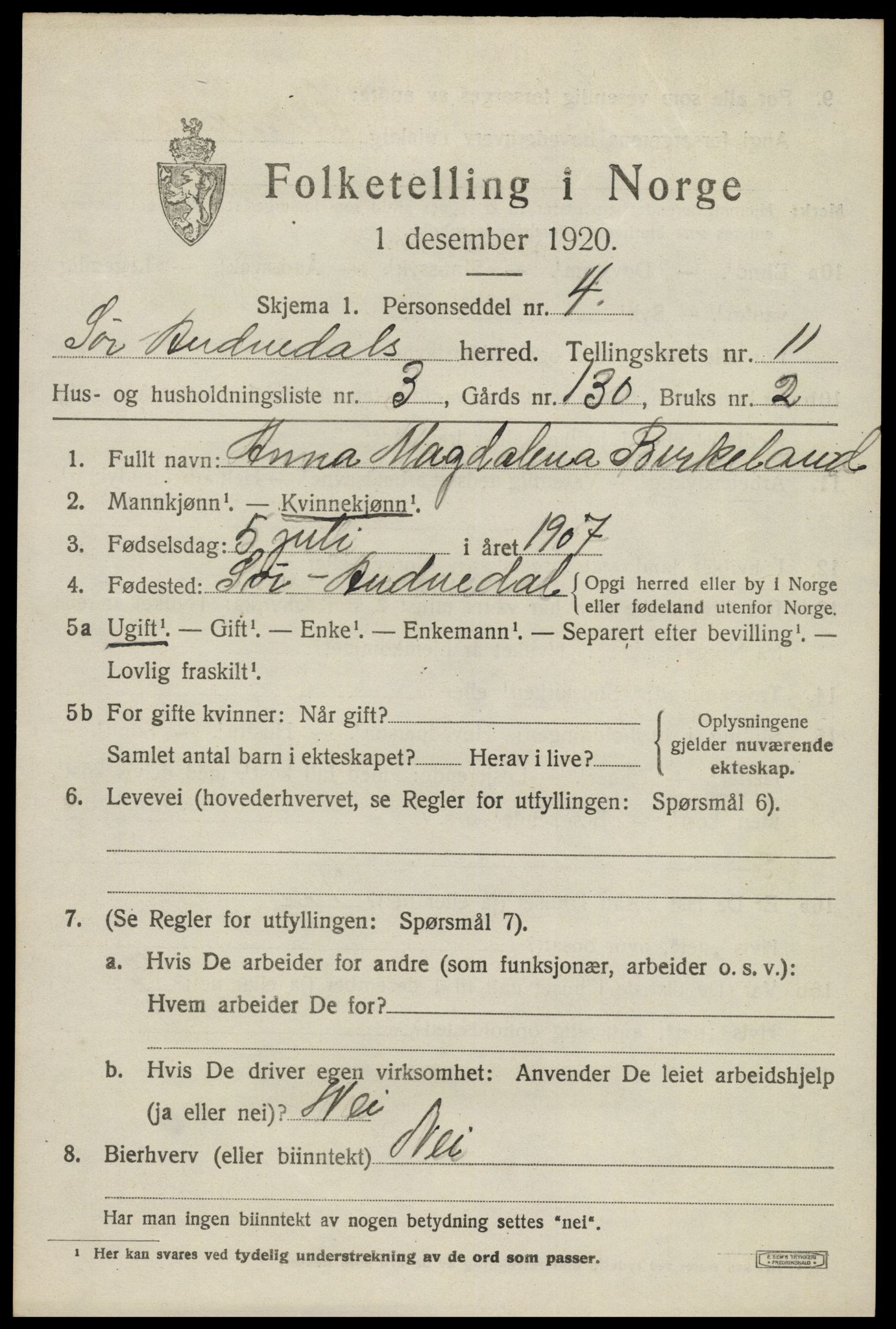 SAK, 1920 census for Sør-Audnedal, 1920, p. 4275