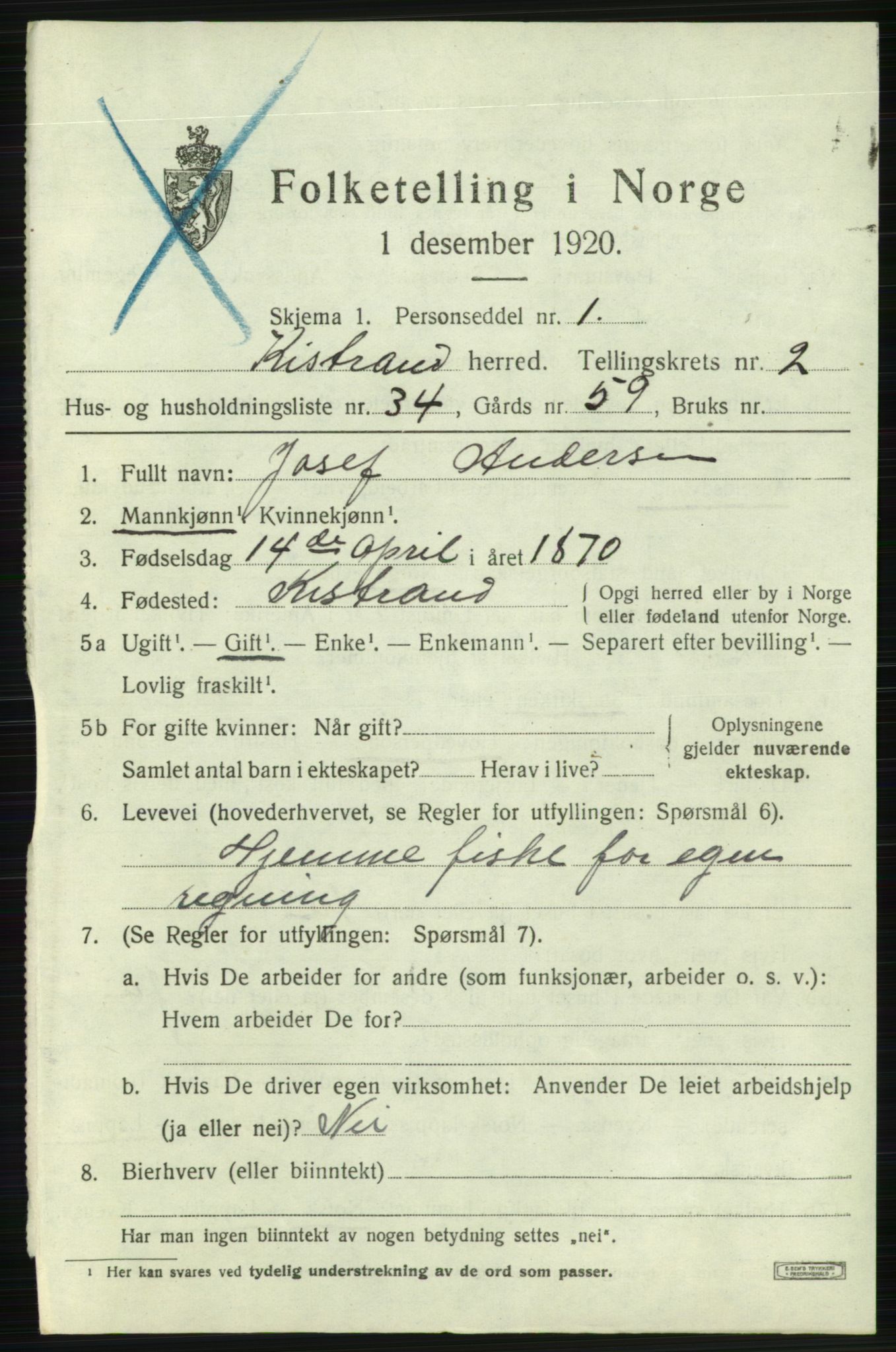 SATØ, 1920 census for Kistrand, 1920, p. 1838