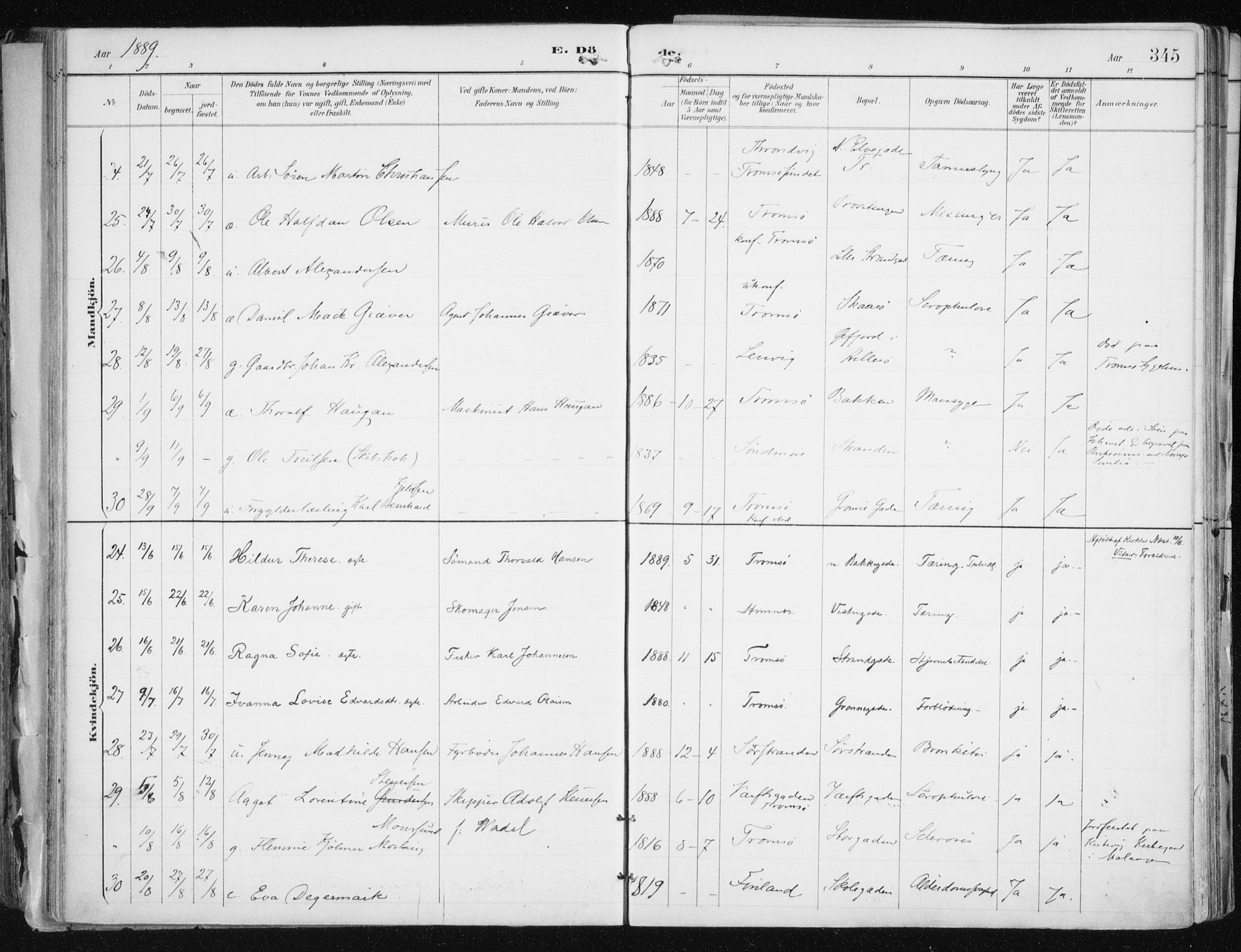 Tromsø sokneprestkontor/stiftsprosti/domprosti, AV/SATØ-S-1343/G/Ga/L0015kirke: Parish register (official) no. 15, 1889-1899, p. 345