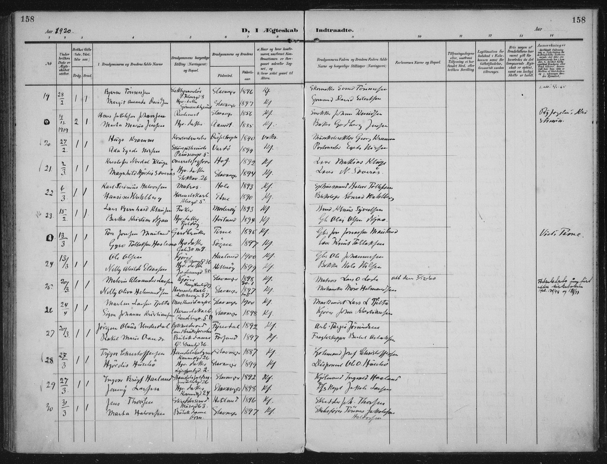 Domkirken sokneprestkontor, AV/SAST-A-101812/002/A/L0016: Parish register (official) no. A 33, 1905-1922, p. 158