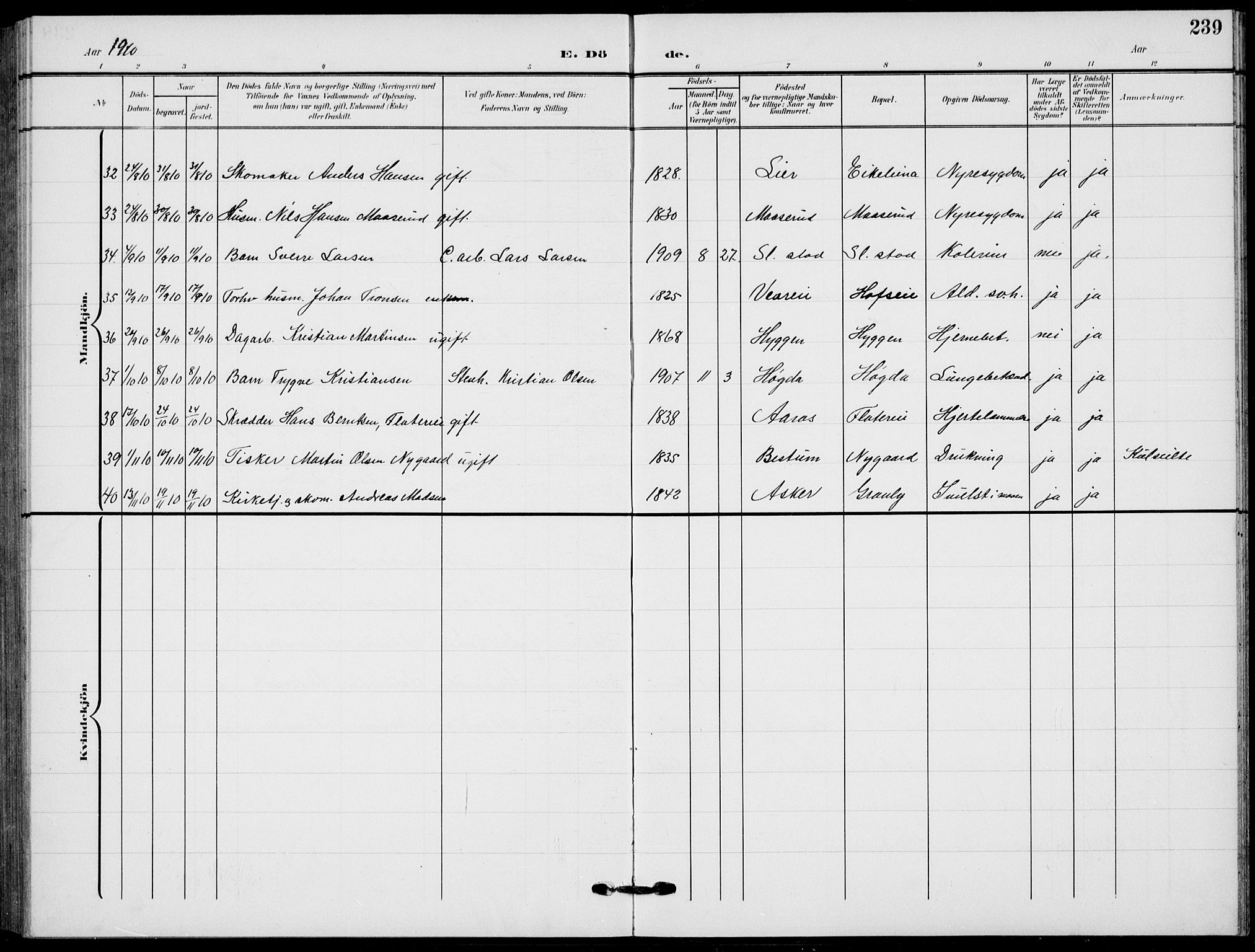 Røyken kirkebøker, AV/SAKO-A-241/G/Ga/L0005: Parish register (copy) no. 5, 1903-1918, p. 239