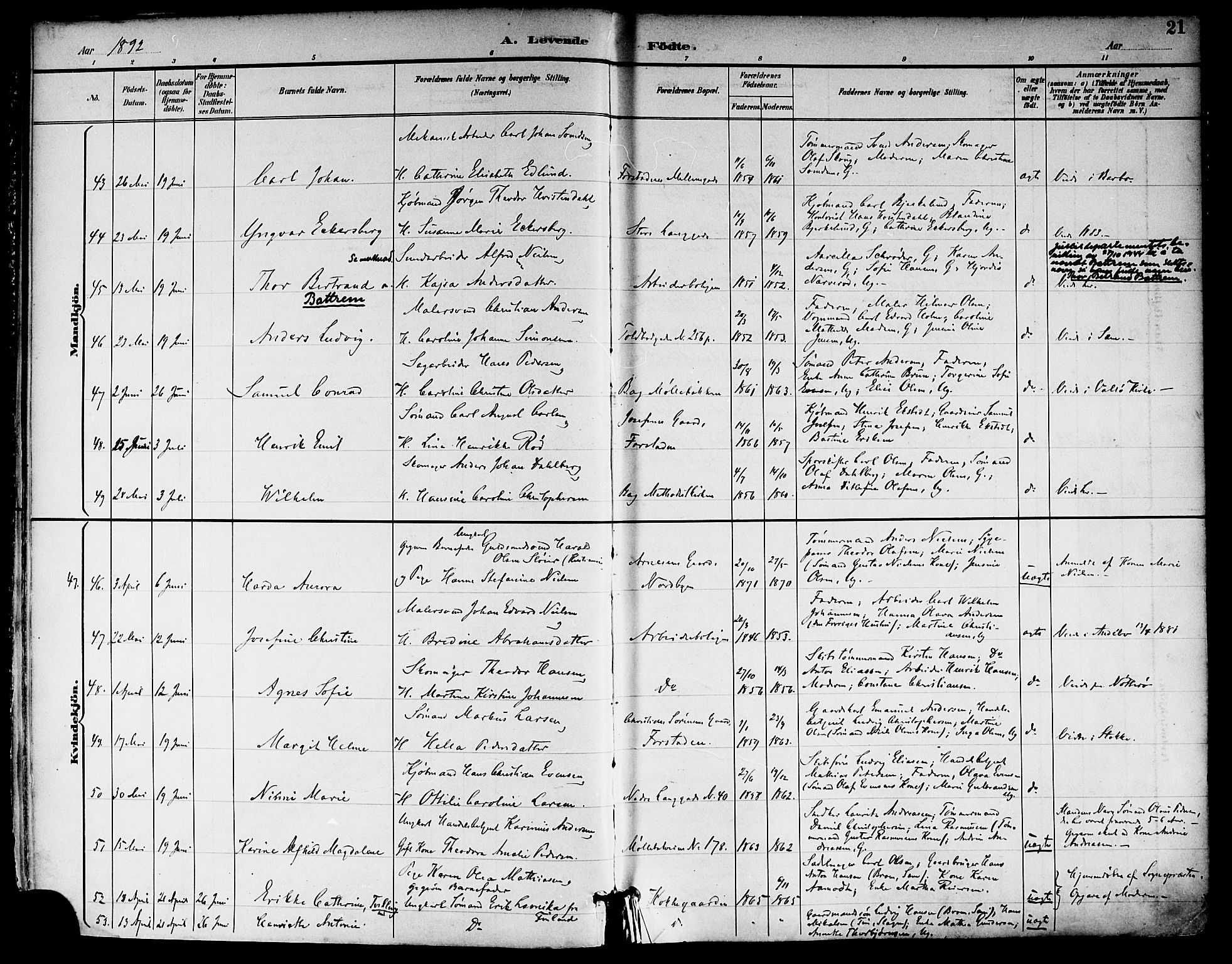 Tønsberg kirkebøker, AV/SAKO-A-330/F/Fa/L0012: Parish register (official) no. I 12, 1891-1899, p. 21