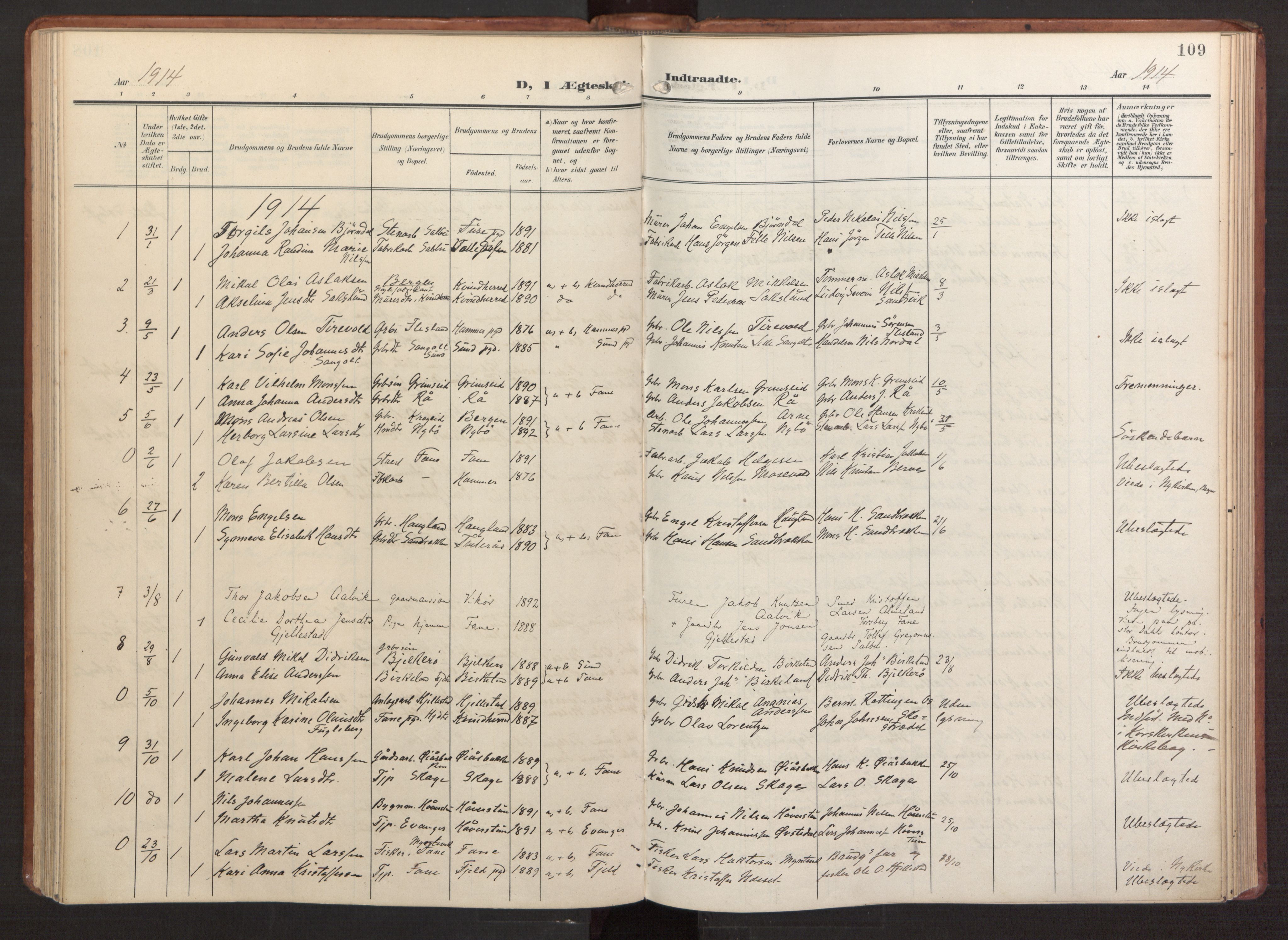 Fana Sokneprestembete, AV/SAB-A-75101/H/Haa/Haab/L0004: Parish register (official) no. B 4, 1908-1915, p. 109