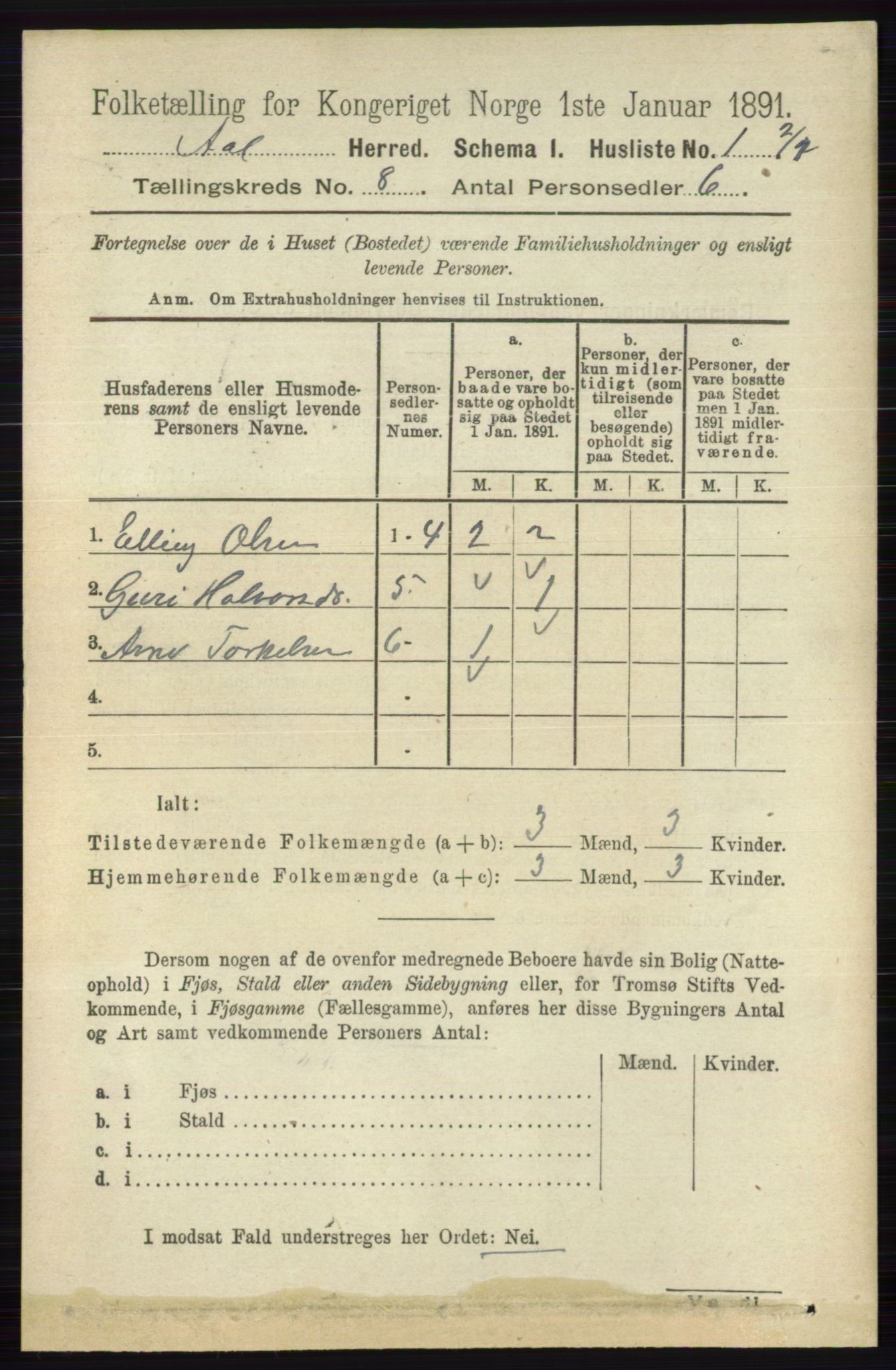 RA, 1891 census for 0619 Ål, 1891, p. 2030