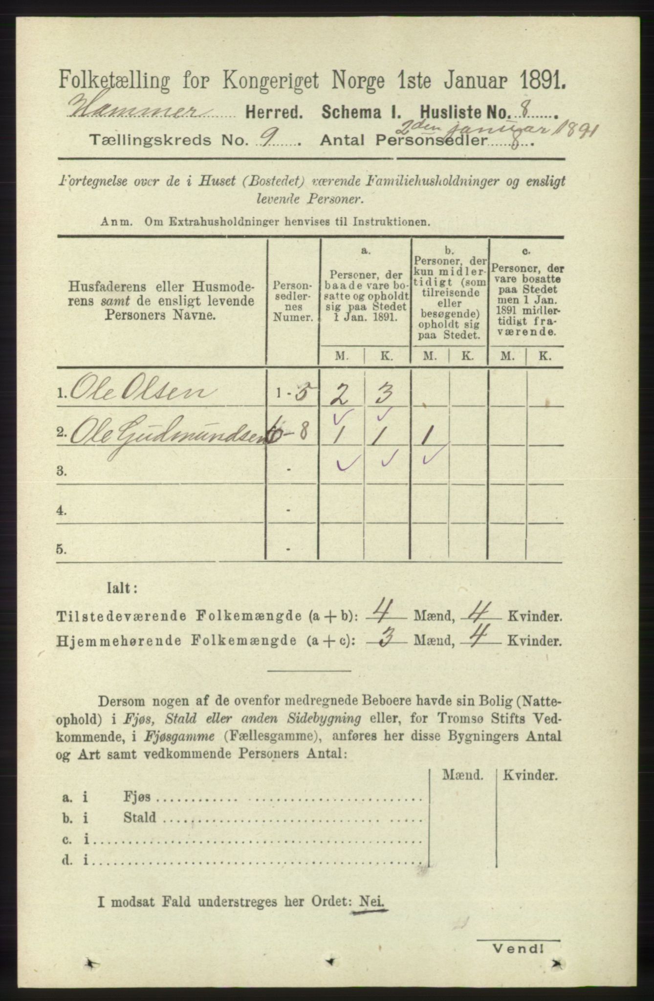 RA, 1891 census for 1254 Hamre, 1891, p. 2227