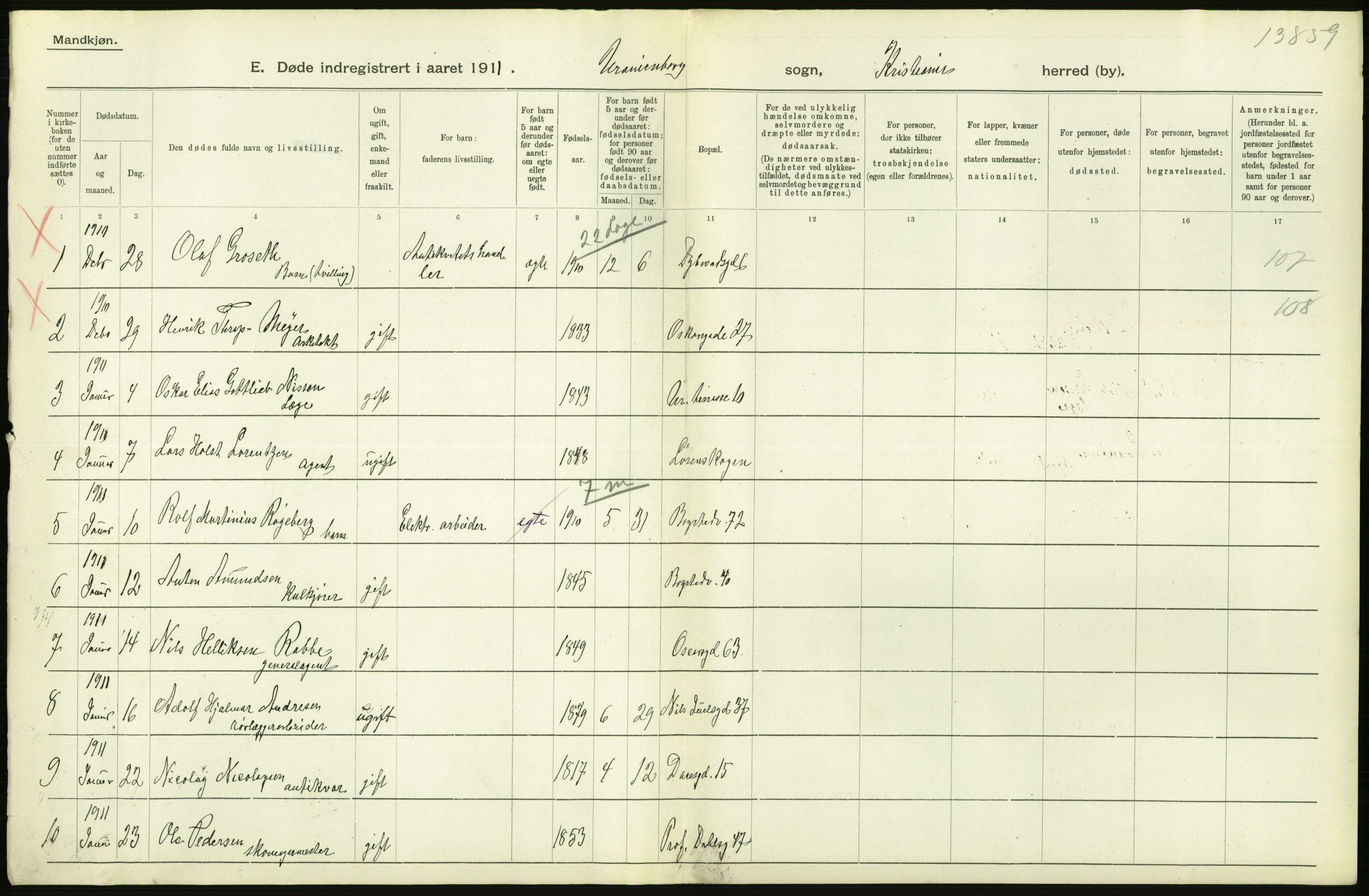 Statistisk sentralbyrå, Sosiodemografiske emner, Befolkning, AV/RA-S-2228/D/Df/Dfb/Dfba/L0009: Kristiania: Døde menn, 1911, p. 202