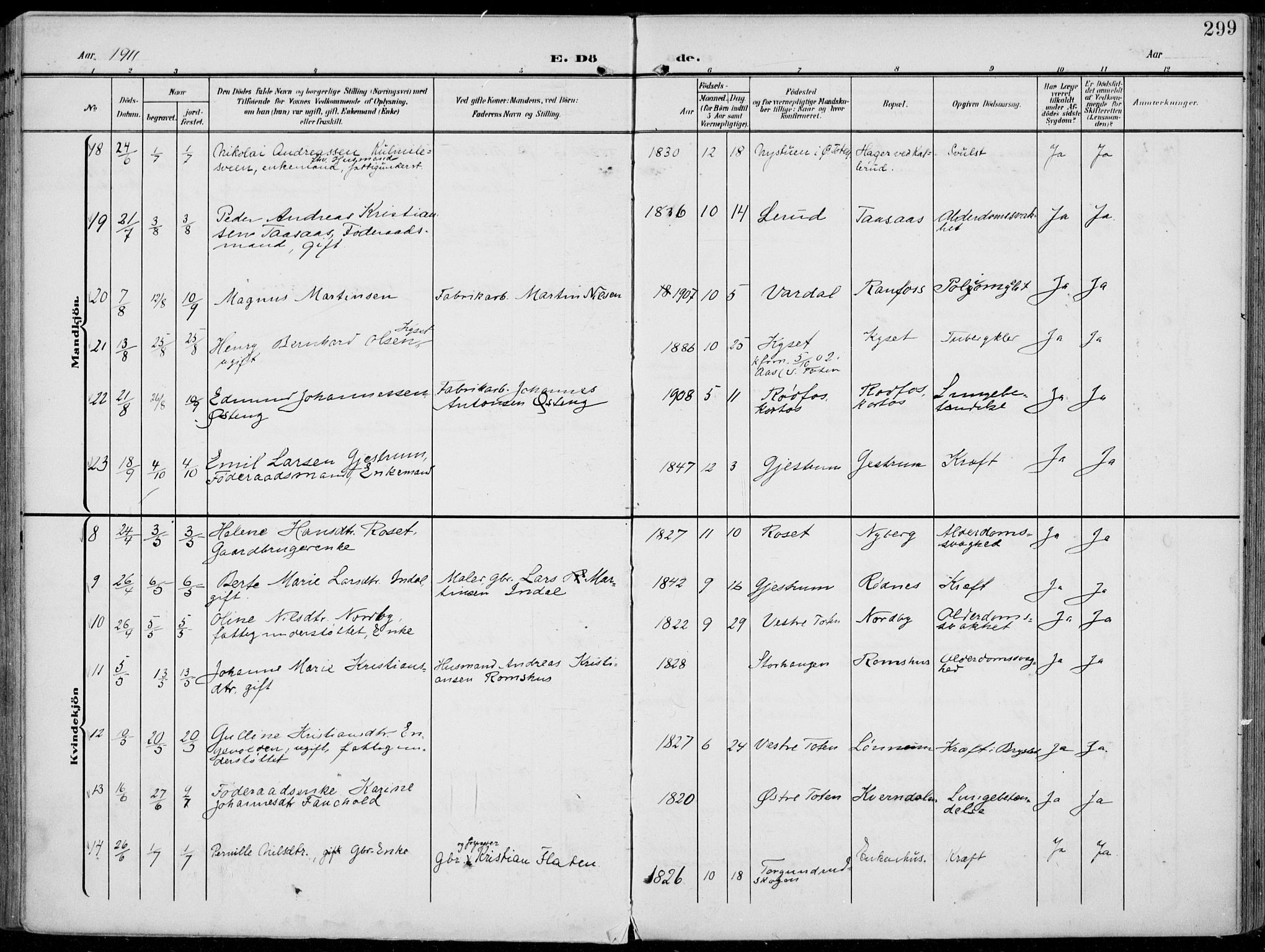 Vestre Toten prestekontor, AV/SAH-PREST-108/H/Ha/Haa/L0014: Parish register (official) no. 14, 1907-1920, p. 299