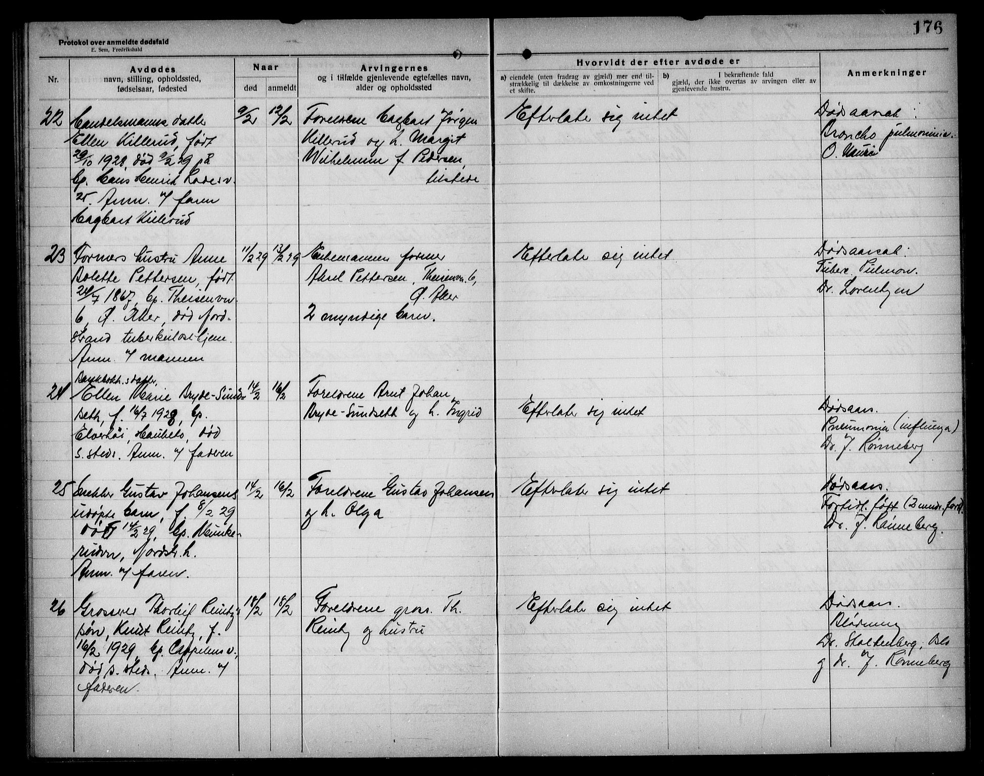 Aker kriminaldommer, skifte- og auksjonsforvalterembete, AV/SAO-A-10452/H/Hb/Hba/Hbad/L0001: Dødsfallsprotokoll for Nordstrand, 1922-1929, p. 176