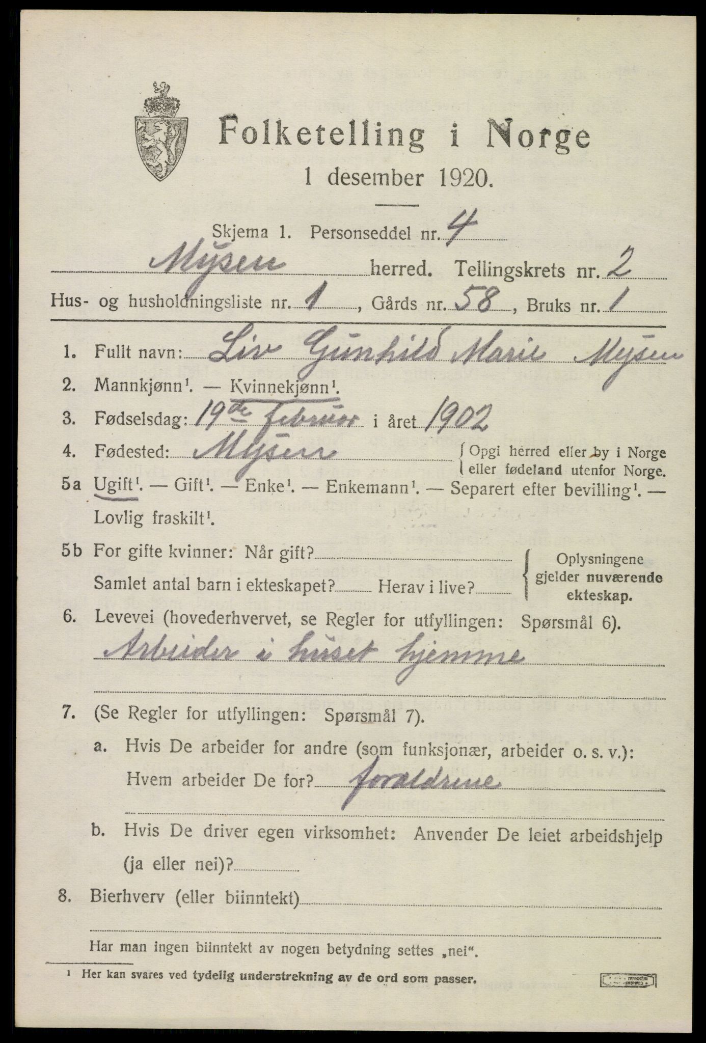 SAO, 1920 census for Mysen, 1920, p. 937