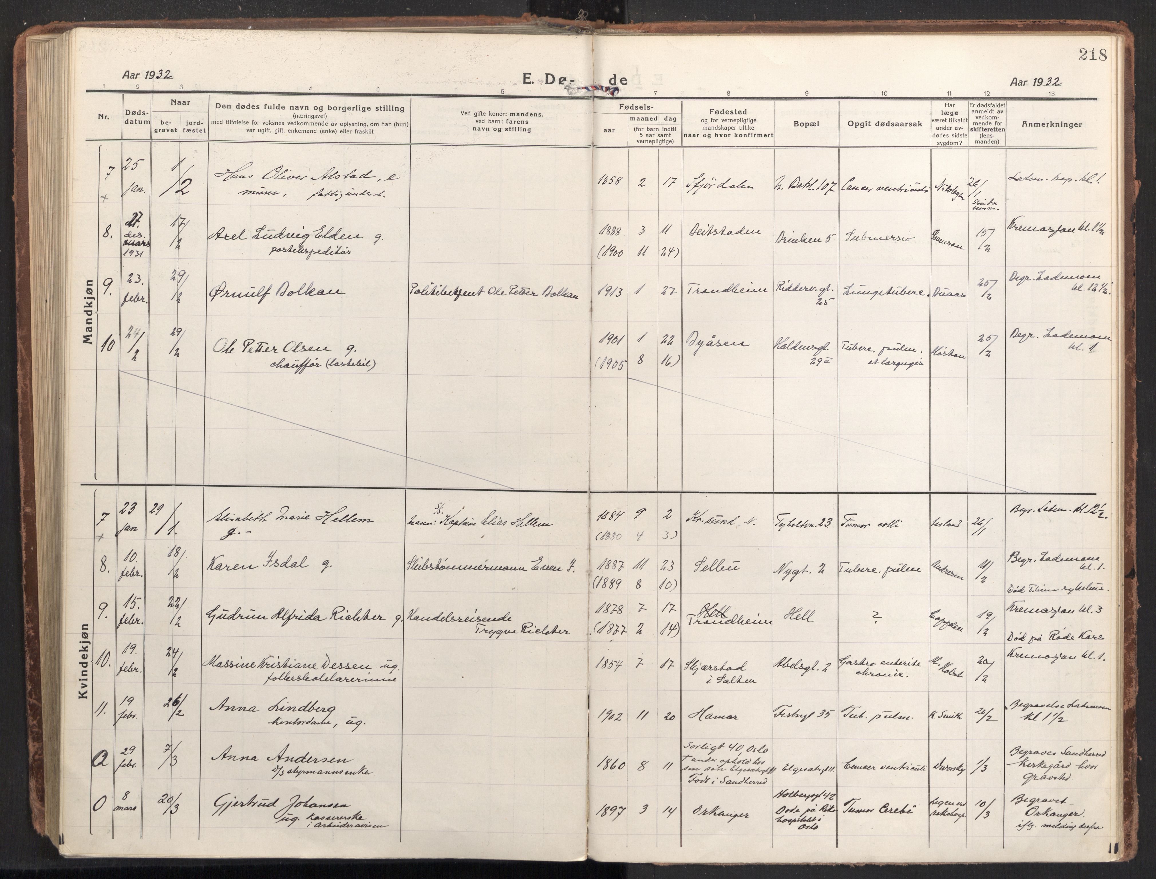 Ministerialprotokoller, klokkerbøker og fødselsregistre - Sør-Trøndelag, SAT/A-1456/604/L0207: Parish register (official) no. 604A27, 1917-1933, p. 218