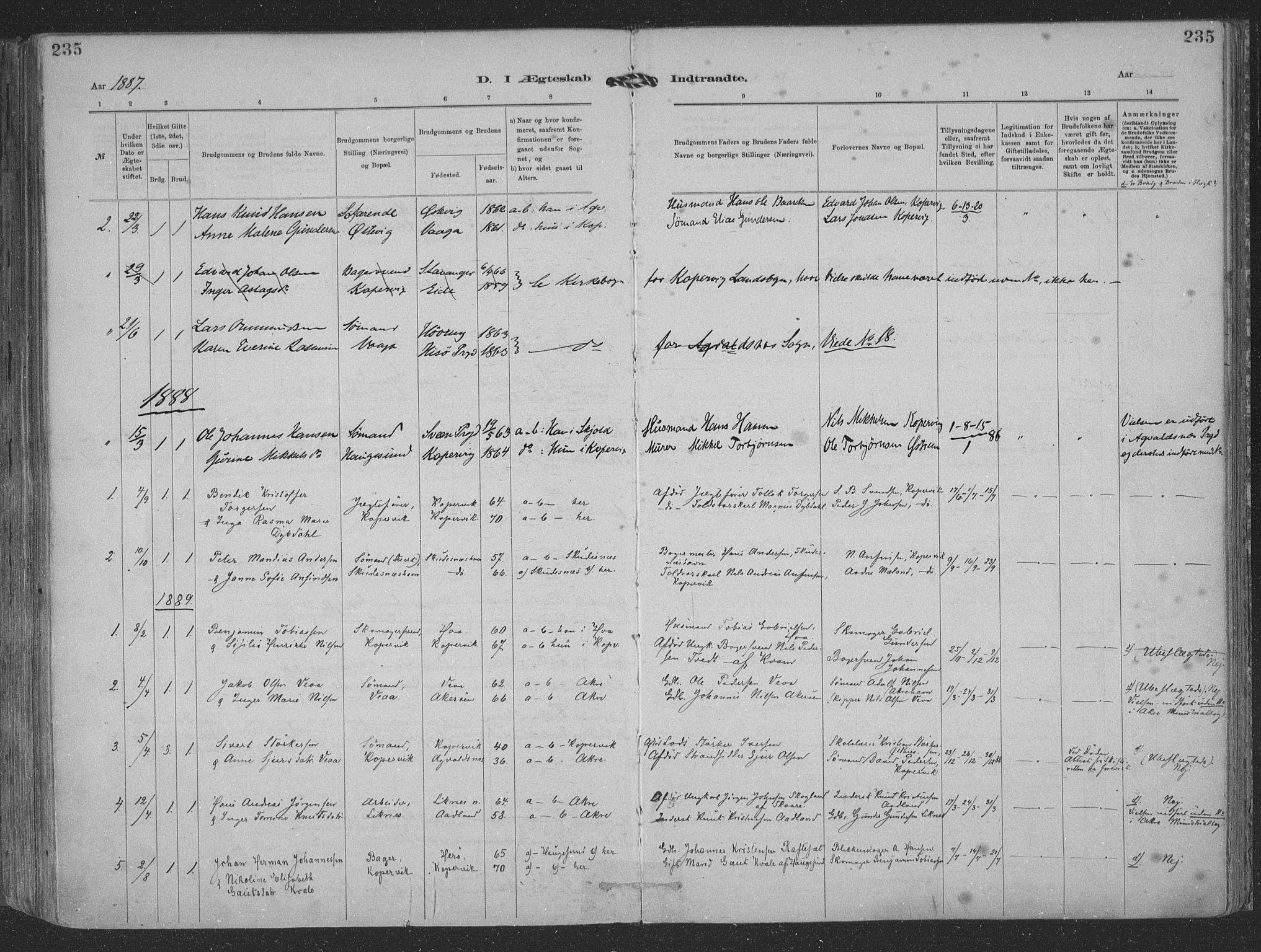 Kopervik sokneprestkontor, SAST/A-101850/H/Ha/Haa/L0001: Parish register (official) no. A 1, 1880-1919, p. 235