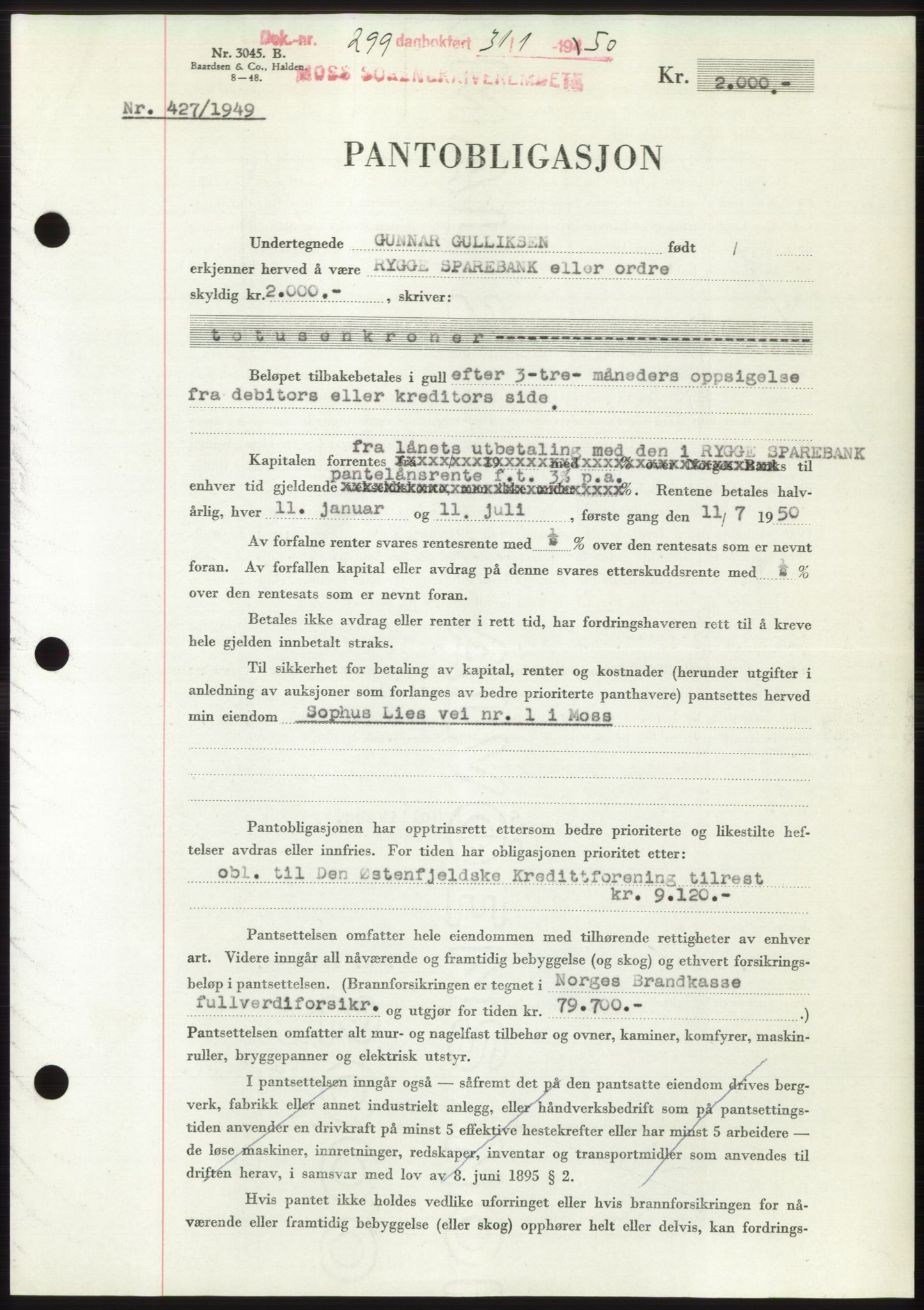 Moss sorenskriveri, SAO/A-10168: Mortgage book no. B23, 1949-1950, Diary no: : 299/1950