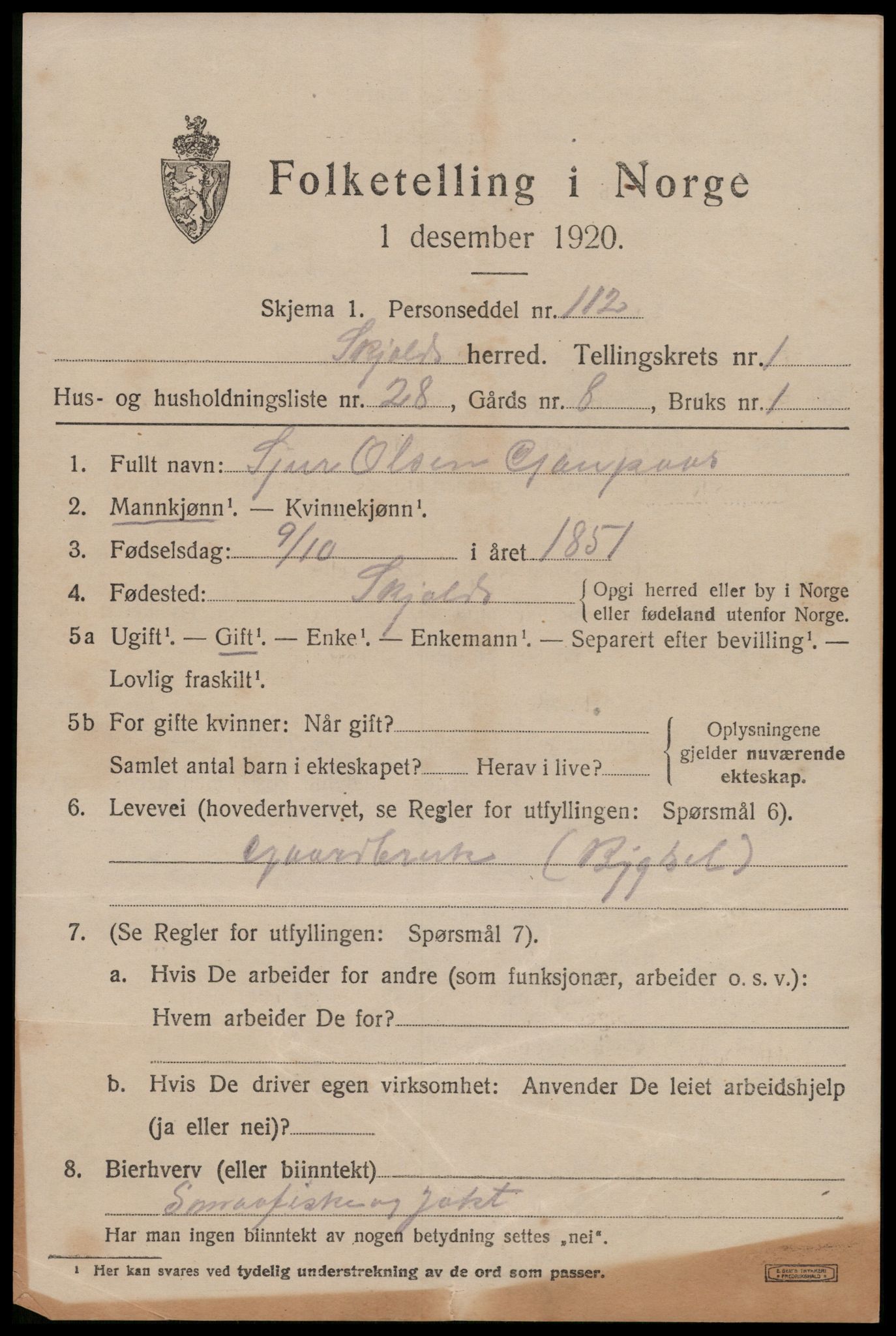 SAST, 1920 census for Skjold, 1920, p. 1130