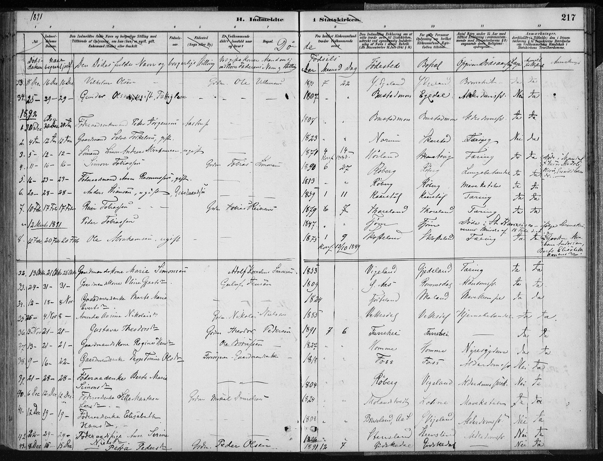 Sør-Audnedal sokneprestkontor, SAK/1111-0039/F/Fa/Fab/L0009: Parish register (official) no. A 9, 1880-1895, p. 217