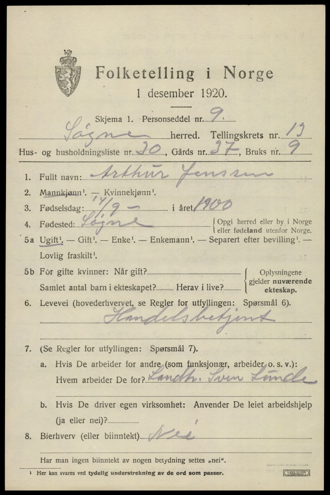 SAK, 1920 census for Søgne, 1920, p. 6747