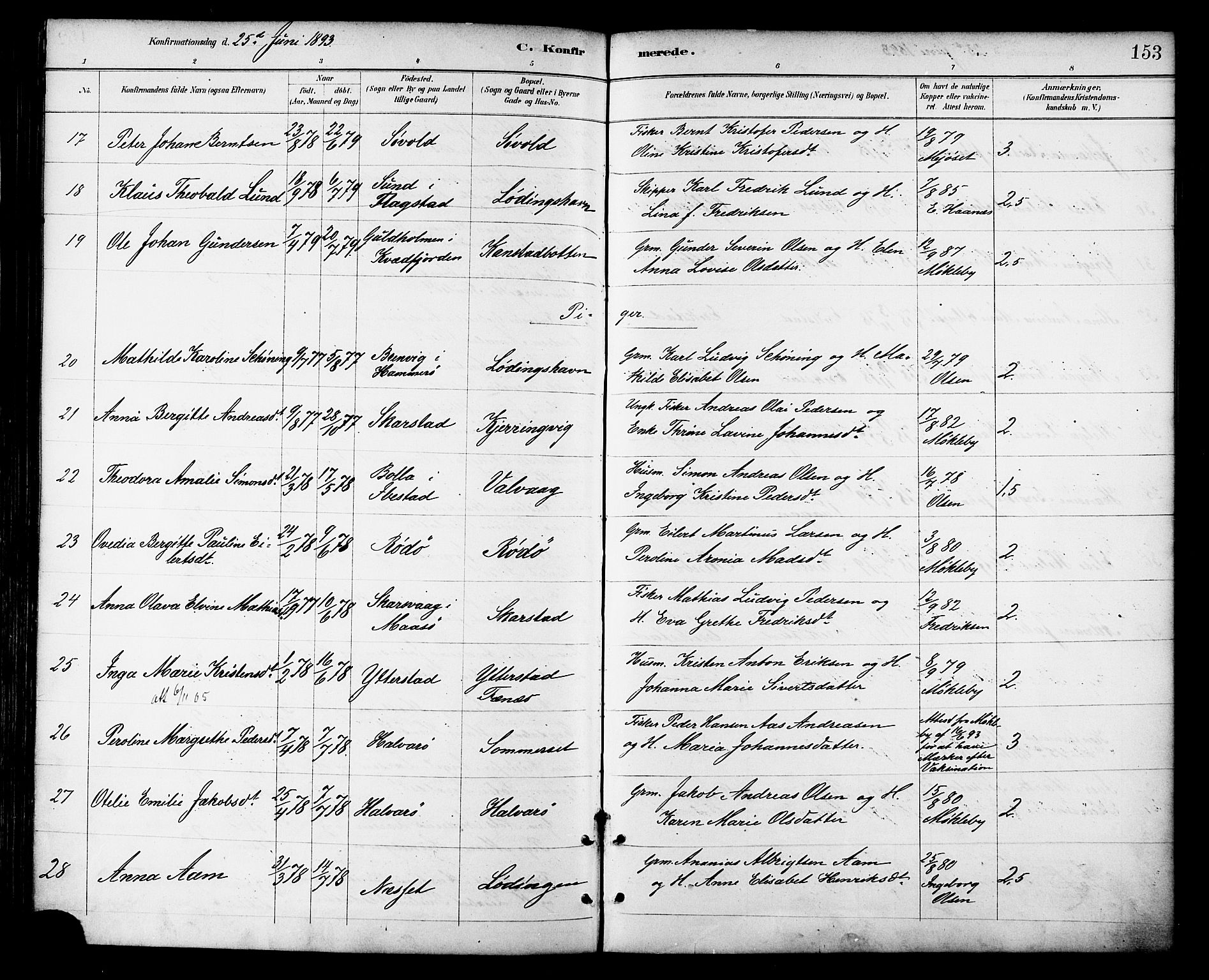 Ministerialprotokoller, klokkerbøker og fødselsregistre - Nordland, AV/SAT-A-1459/872/L1035: Parish register (official) no. 872A10, 1884-1896, p. 153