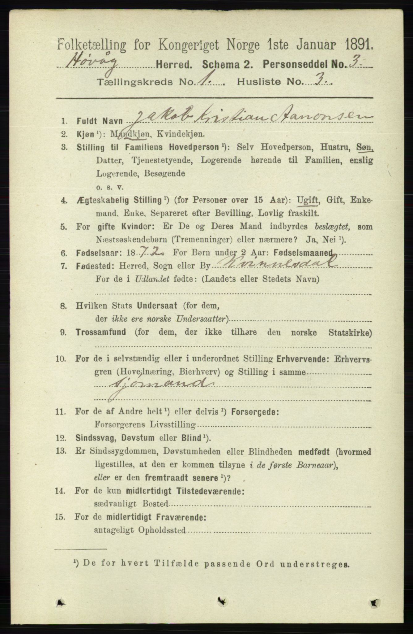 RA, 1891 census for 0927 Høvåg, 1891, p. 99