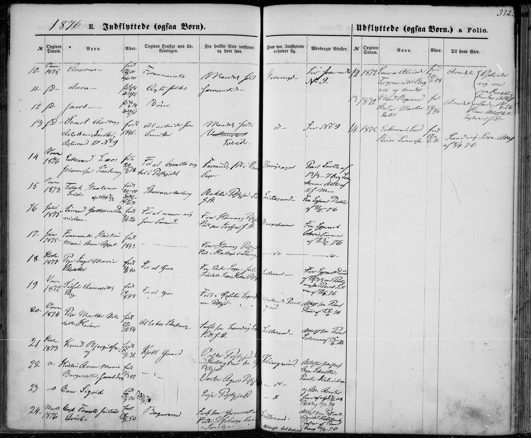 Vestre Moland sokneprestkontor, AV/SAK-1111-0046/F/Fa/Fab/L0008: Parish register (official) no. A 8, 1873-1883, p. 332