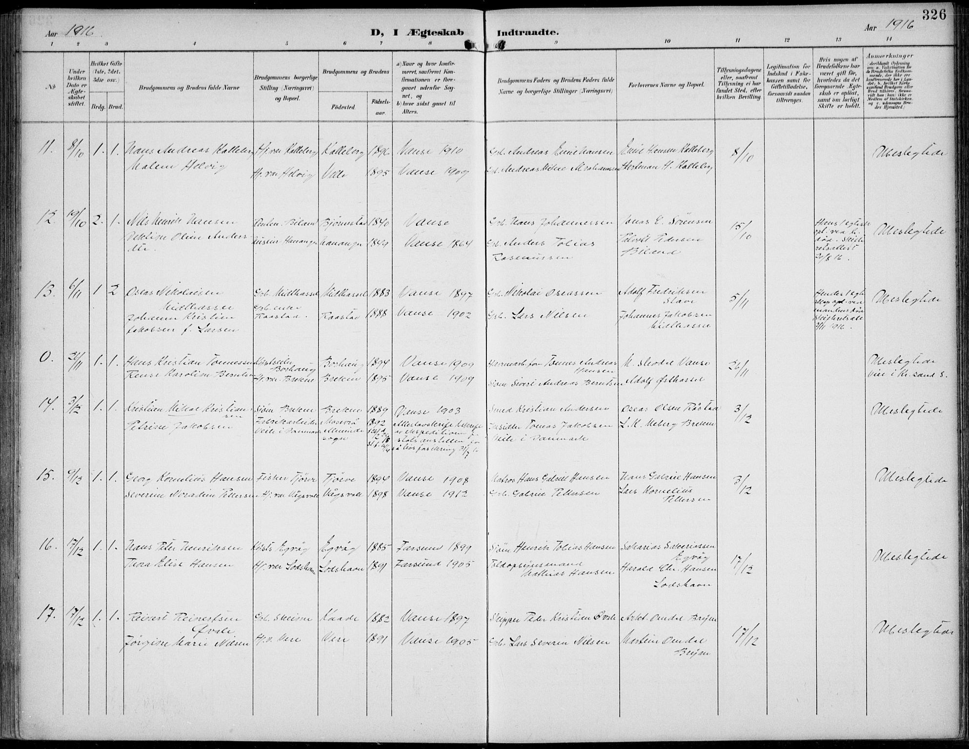 Lista sokneprestkontor, AV/SAK-1111-0027/F/Fb/L0005: Parish register (copy) no. B 5, 1892-1923, p. 326