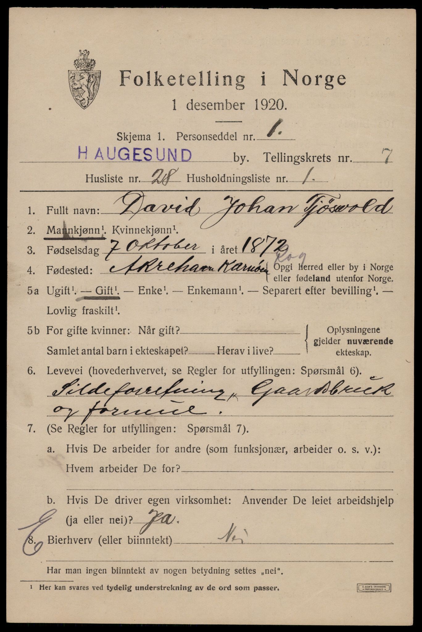 SAST, 1920 census for Haugesund, 1920, p. 25509