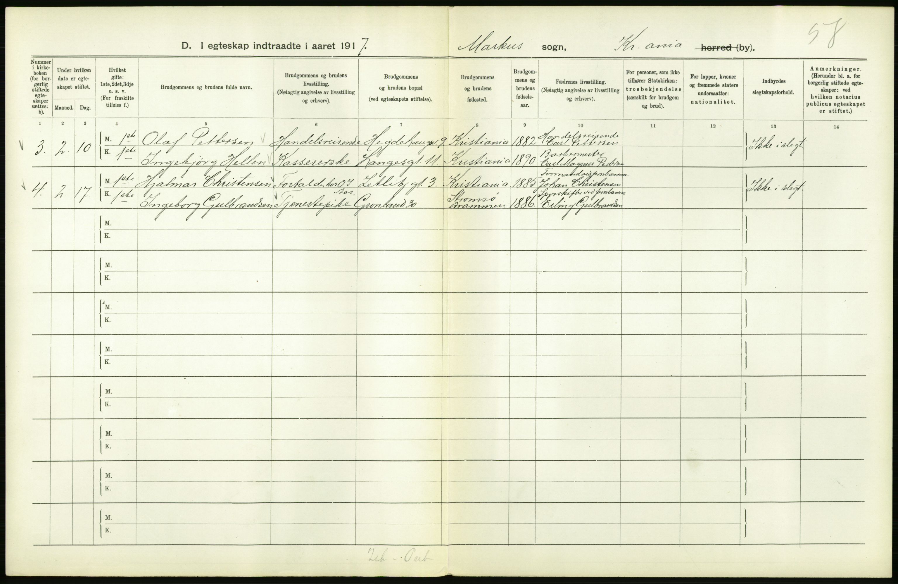 Statistisk sentralbyrå, Sosiodemografiske emner, Befolkning, AV/RA-S-2228/D/Df/Dfb/Dfbg/L0008: Kristiania: Gifte, 1917, p. 402