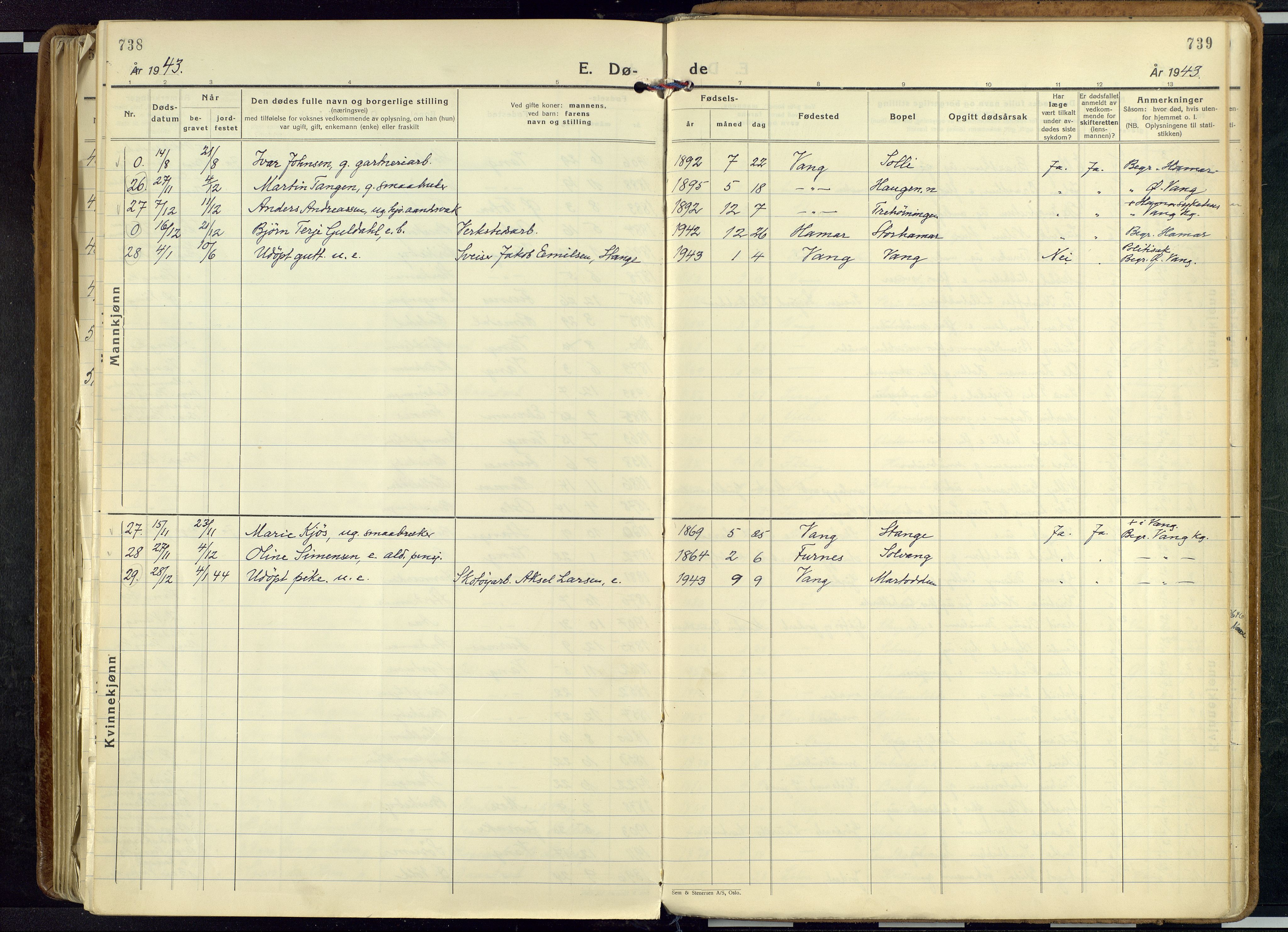 Vang prestekontor, Hedmark, SAH/PREST-008/H/Ha/Haa/L0023: Parish register (official) no. 23, 1932-1957, p. 738-739