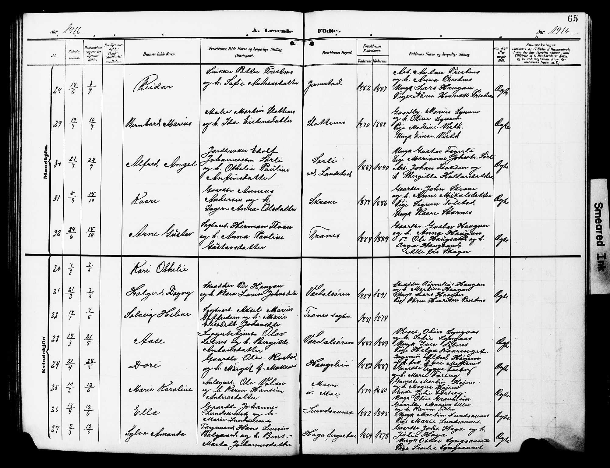 Ministerialprotokoller, klokkerbøker og fødselsregistre - Nord-Trøndelag, AV/SAT-A-1458/723/L0258: Parish register (copy) no. 723C06, 1908-1927, p. 65