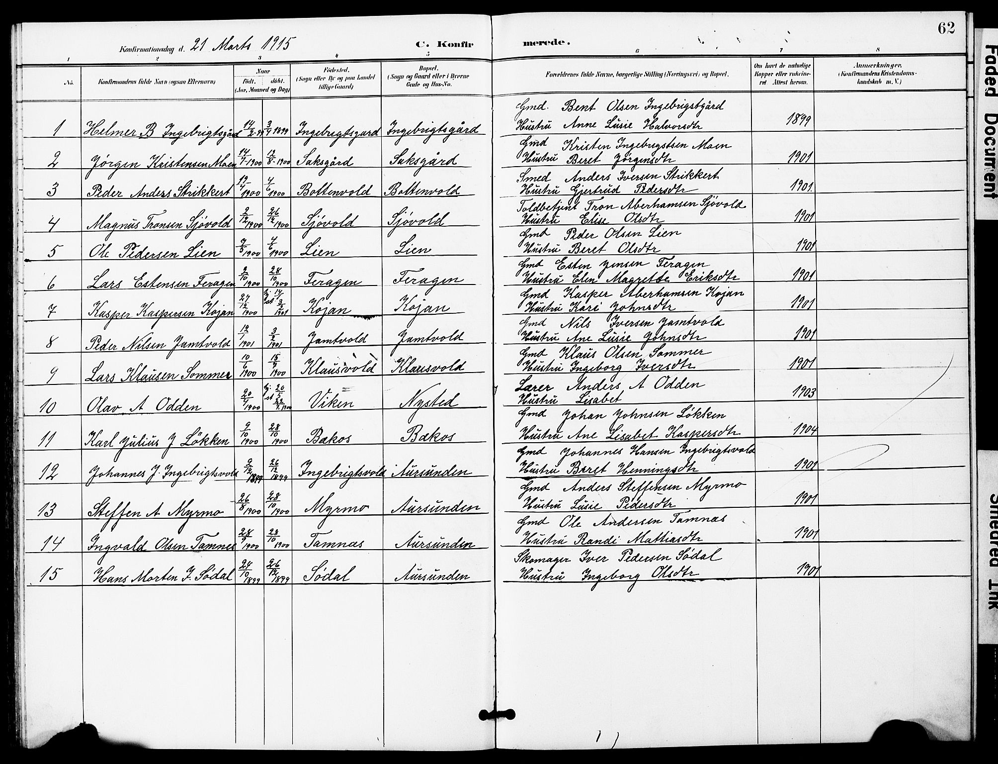 Ministerialprotokoller, klokkerbøker og fødselsregistre - Sør-Trøndelag, SAT/A-1456/683/L0950: Parish register (copy) no. 683C02, 1897-1918, p. 62