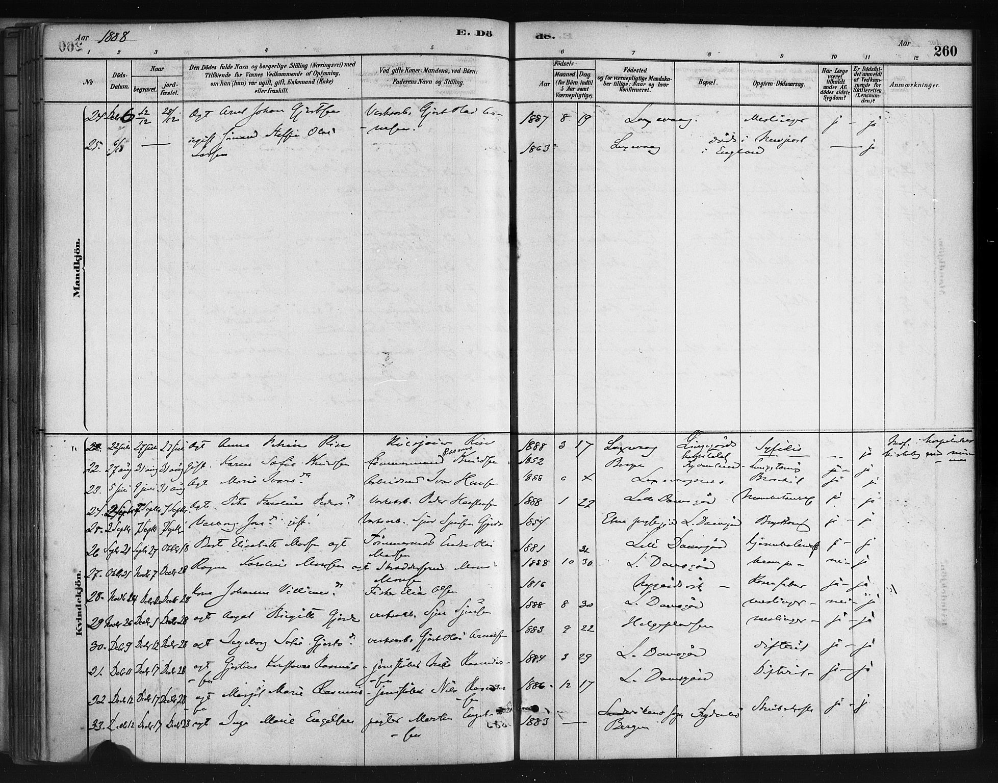 Askøy Sokneprestembete, AV/SAB-A-74101/H/Ha/Haa/Haae/L0002: Parish register (official) no. E 2, 1878-1891, p. 260